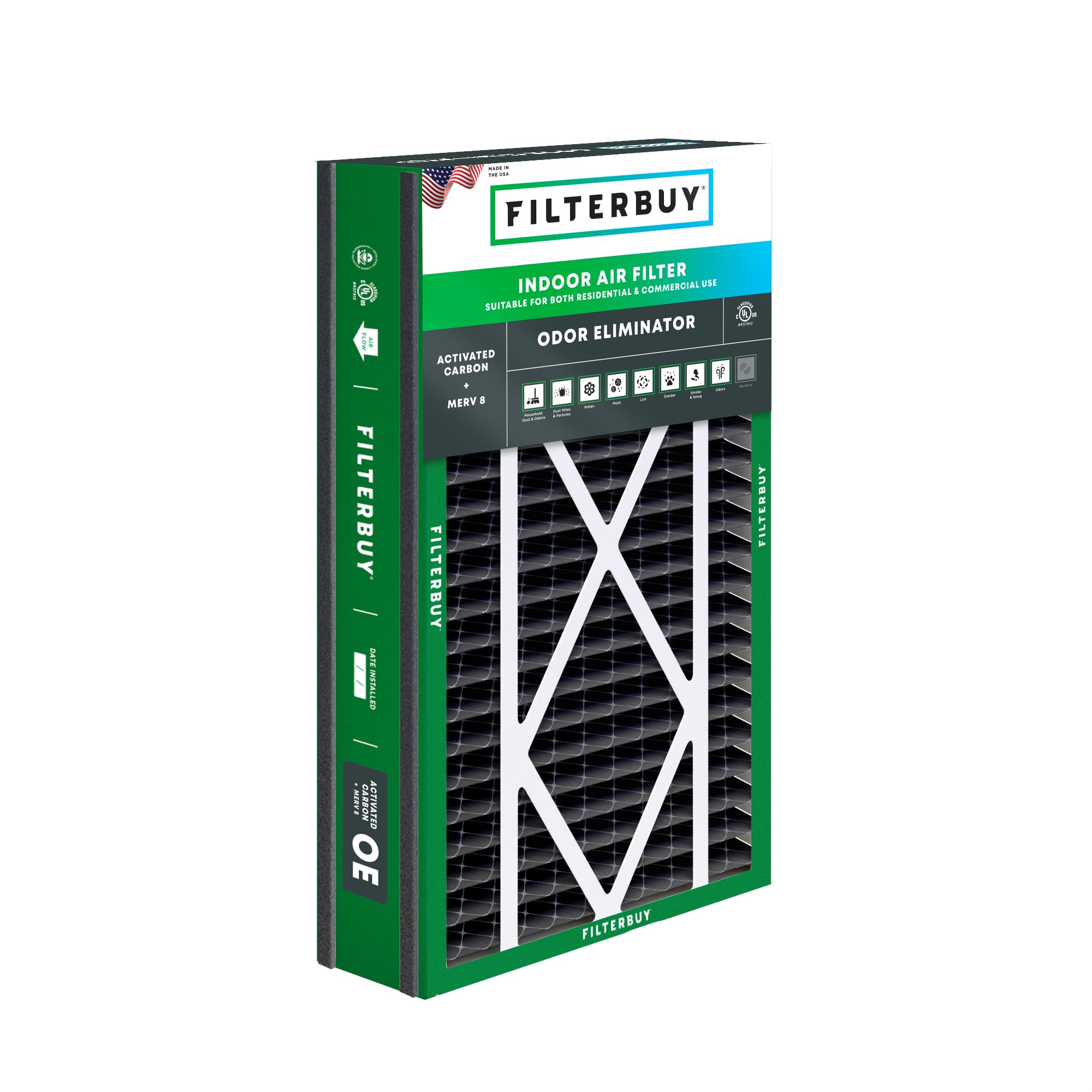 Filterbuy 16x25x5 MERV 8 Pleated Air Filter with Activated Carbon - Odor Eliminator for HVAC, AC & Furnace (1-Pack) - Fits Trion Air Bear 255649-105 & More (Actual Size: 15.63x24.13x4.88 Inches) - Perfect for Home, Office & Commercial Use to Improve Indoor Air Quality