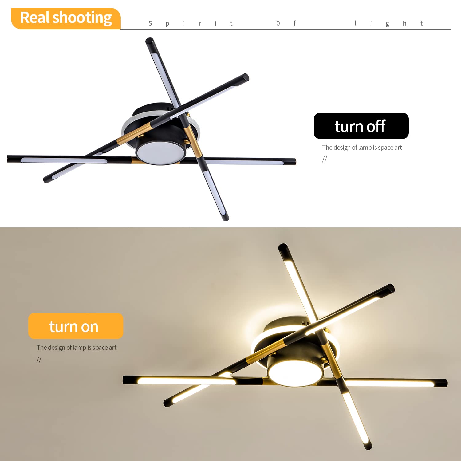 Modern Black & Gold Industrial Sputnik LED Ceiling Light Fixture - 23.6 Inch 4000K Warm White - Decorative Lighting for Dining Room, Living Room, Bedroom - Perfect for Home, Office & Restaurant Ambiance