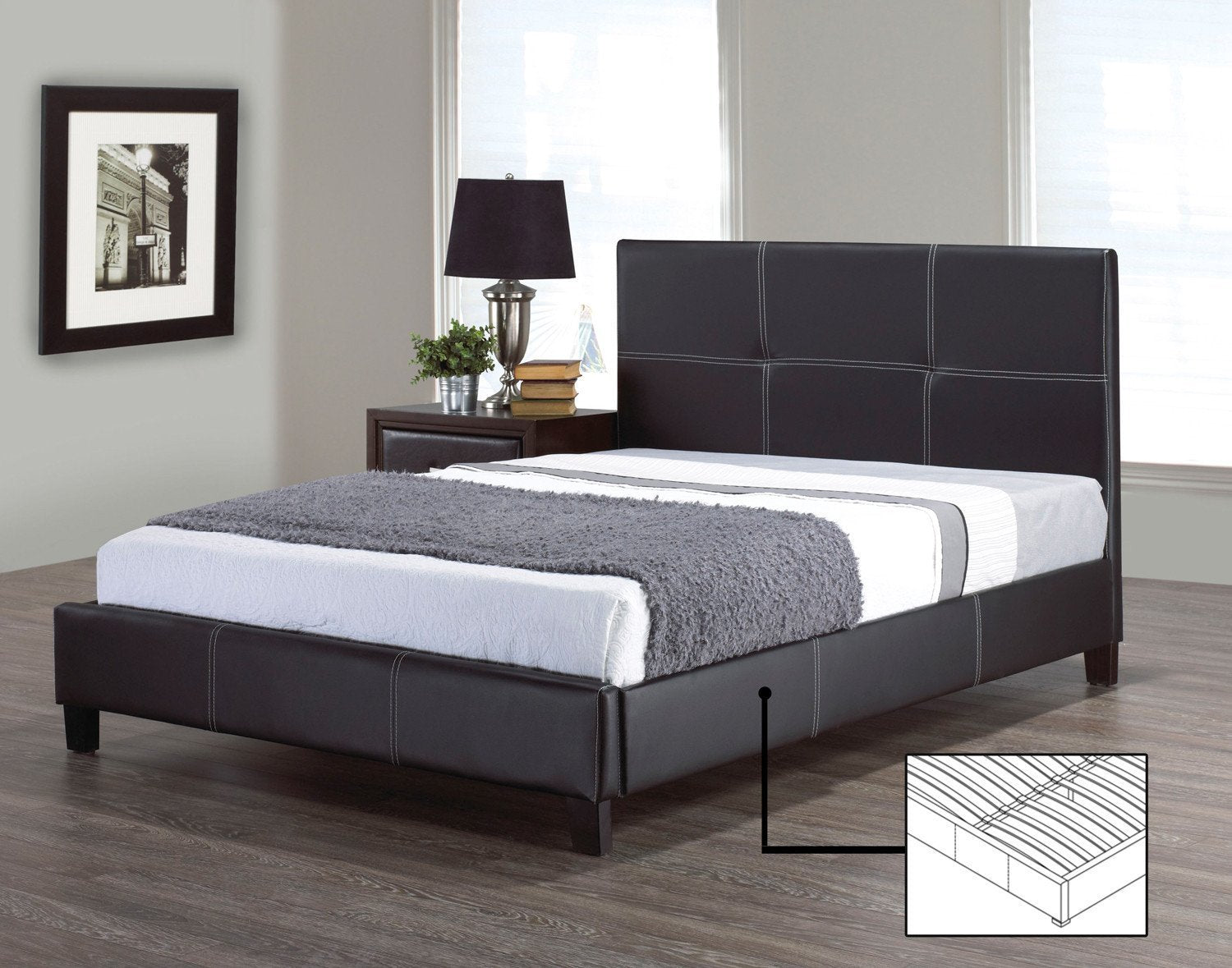 Black Leatherette Platform Bed Frame with Contrast Stitching - Modern Upholstered Bed for Master Bedroom & Guest Room