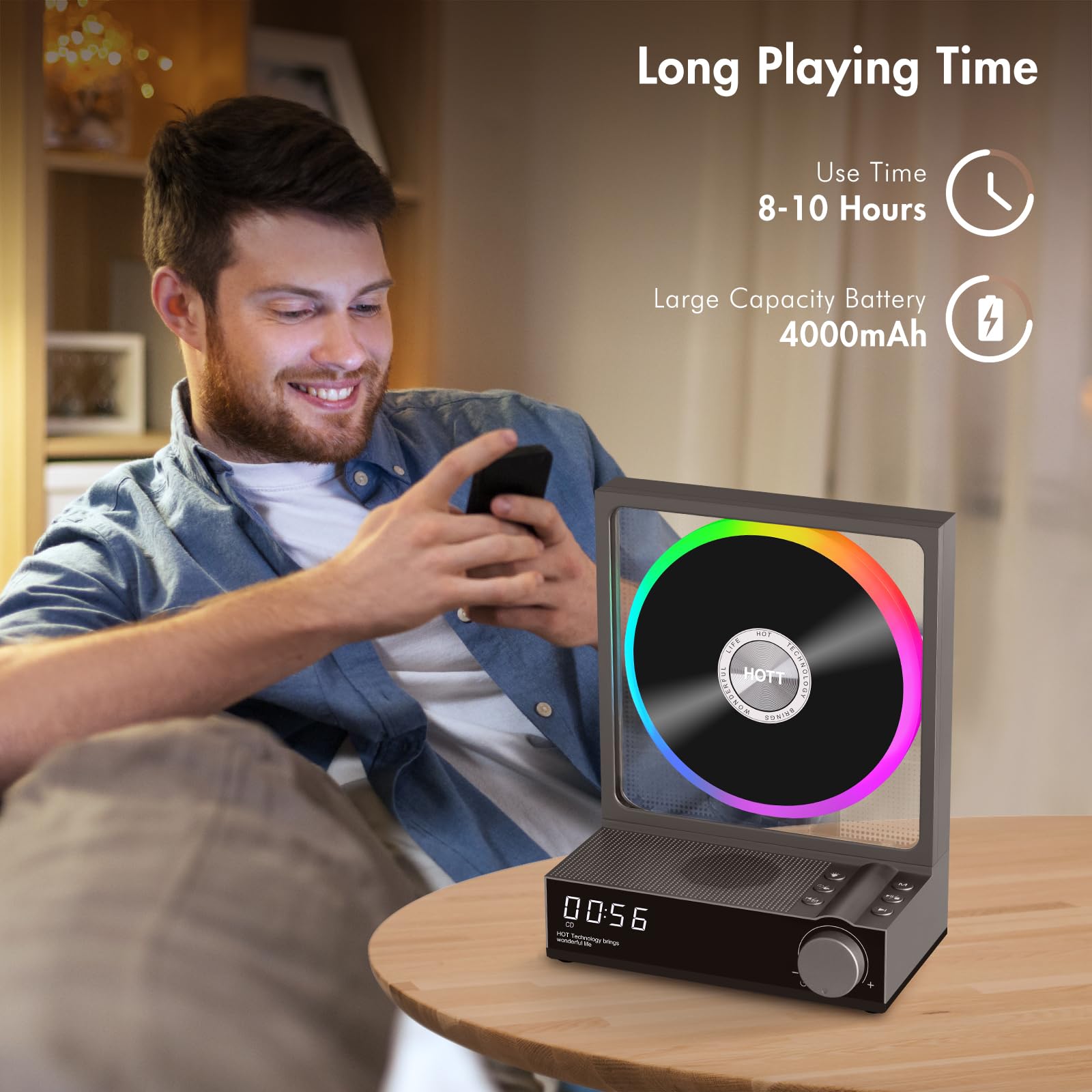 Portable Bluetooth CD Player with HiFi Speakers - 5.3 Wireless, RGB Lights, TF Card Slot & USB Recording - Desktop CD Player with LED Display for Home, Office & Car Use (Grey)