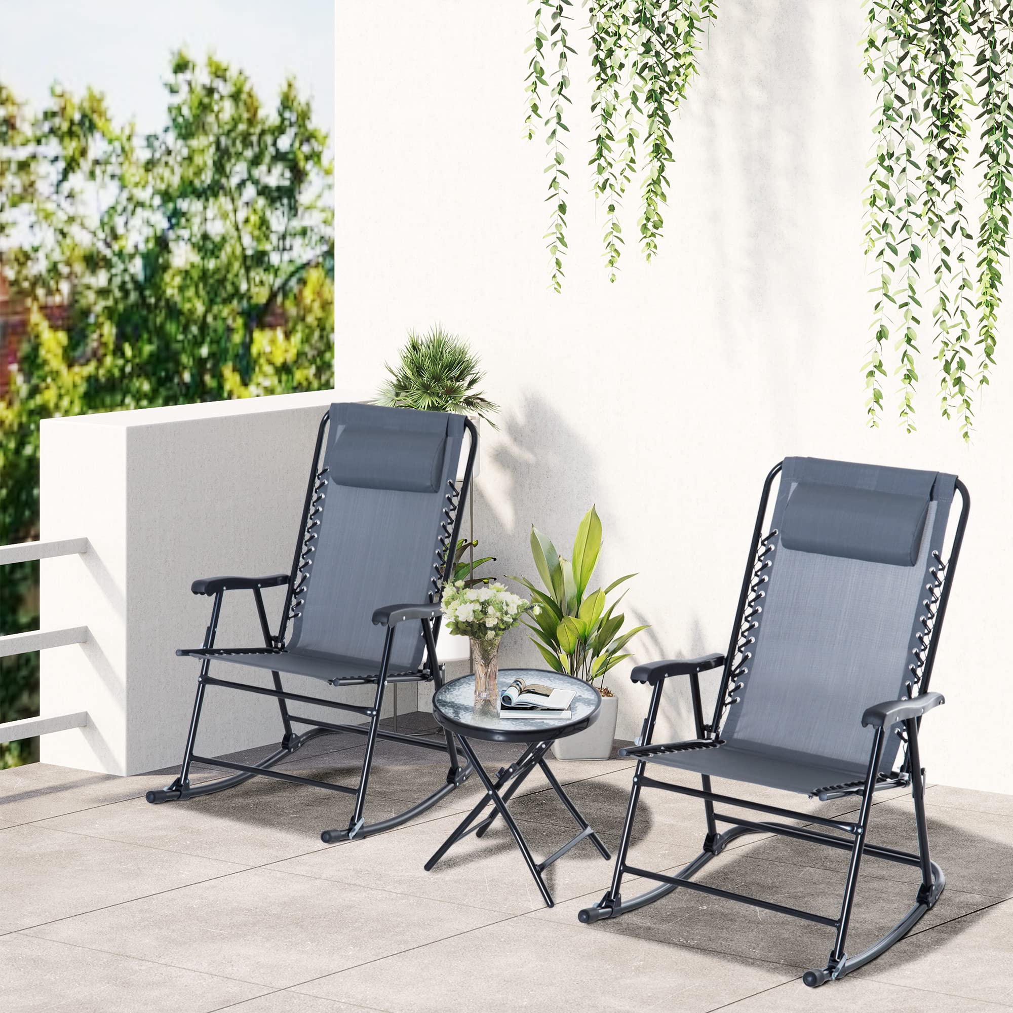 Outsunny 3-Piece Outdoor Rocking Bistro Set - Grey Patio Furniture with Folding Chairs & Glass Coffee Table for Garden, Deck, Backyard | Perfect for Relaxing, Entertaining & Outdoor Dining