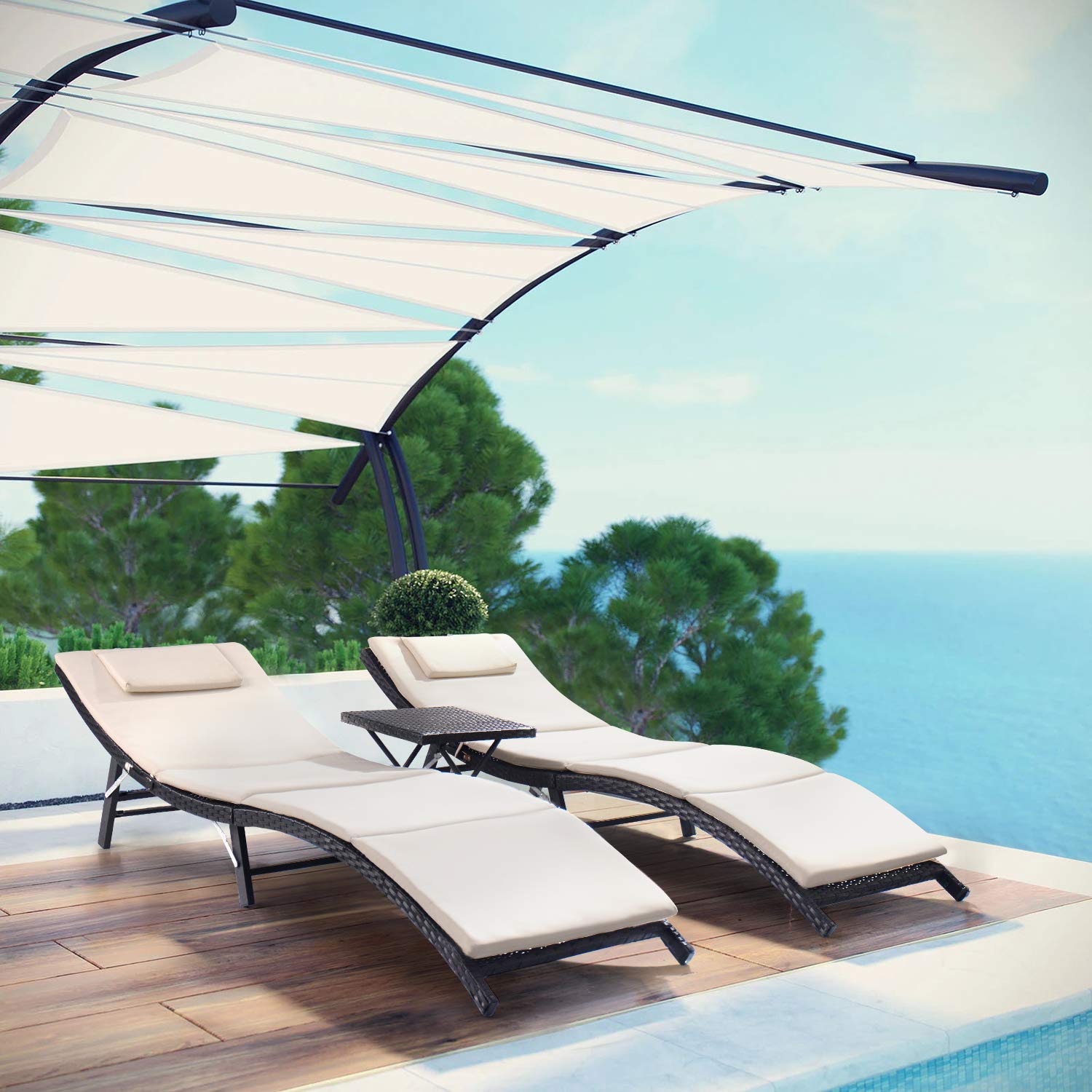 VICTONE 3-Piece Patio Chaise Lounge Chair Set - Outdoor PE Rattan Reclining Poolside Furniture with Cushions & Folding Table (Beige) - Perfect for Backyard, Garden, and Poolside Relaxation