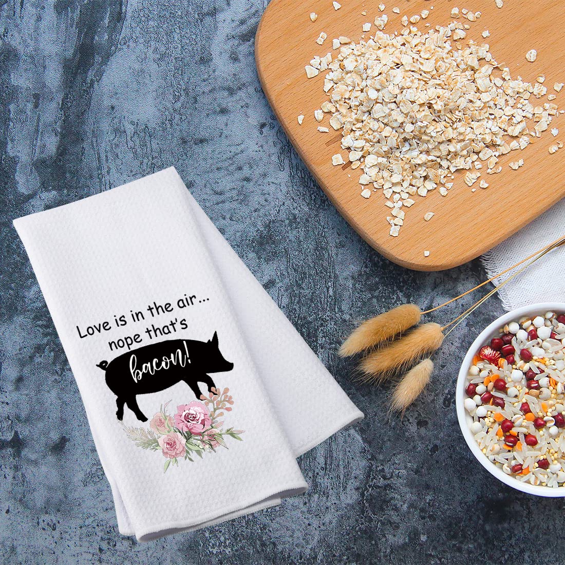 PWHAOO Funny Bacon Kitchen Towel - Pig Farm Theme with 'Love is in The Air' Design - Absorbent Cotton Dish Towel for Cooking, Baking & Farmhouse Decor