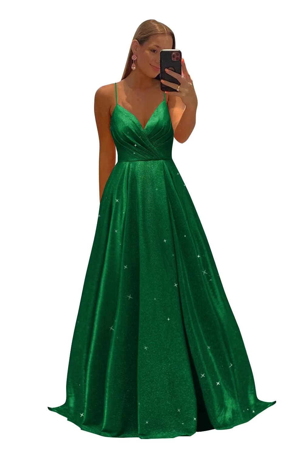 ALFEICE Women's Sparkling V-Neck Spaghetti Strap Prom Dress Long Formal Evening Gown with High Slit - Perfect for Bridesmaids, Homecoming, Pageants & Special Occasions