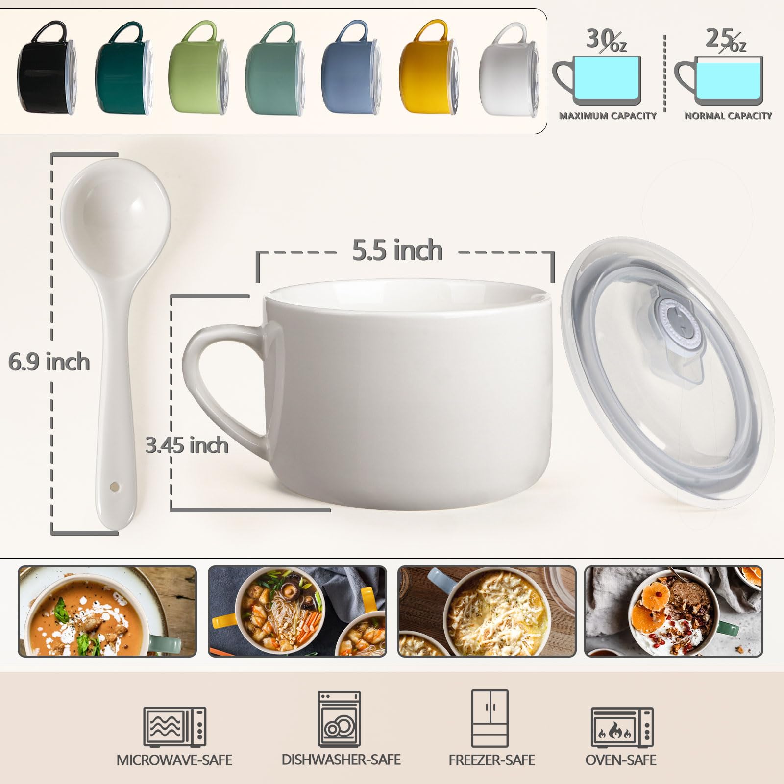 30oz Ceramic Soup Bowls with Handles & Spoons - Large Ramen Noodle Bowls with Lids - Perfect for Instant Noodles, Oatmeal & Cereal - Microwave & Dishwasher Safe - Set of 2 White Soup Mugs for Home, Office & Restaurant Use