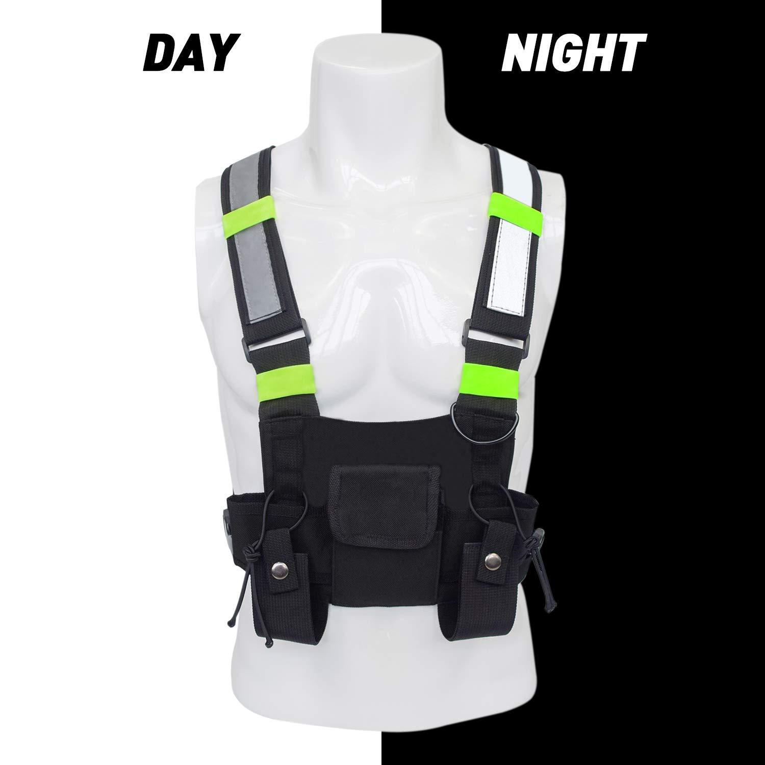 SHADDOCK Universal Yellow Reflective Radio Harness Front Pack Pouch Vest - Chest Bag Carry Case for Two Way Radio & Walkie Talkie - Rescue Essentials Gear for Hiking, Camping & Emergency Situations