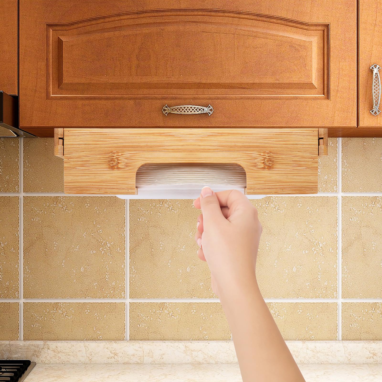 Bamboo Paper Plate Dispenser Holder - 10 Inch Under Cabinet Vertical Plate Organizer for Kitchen Countertop - Perfect for Parties, Picnics & Everyday Dining Storage