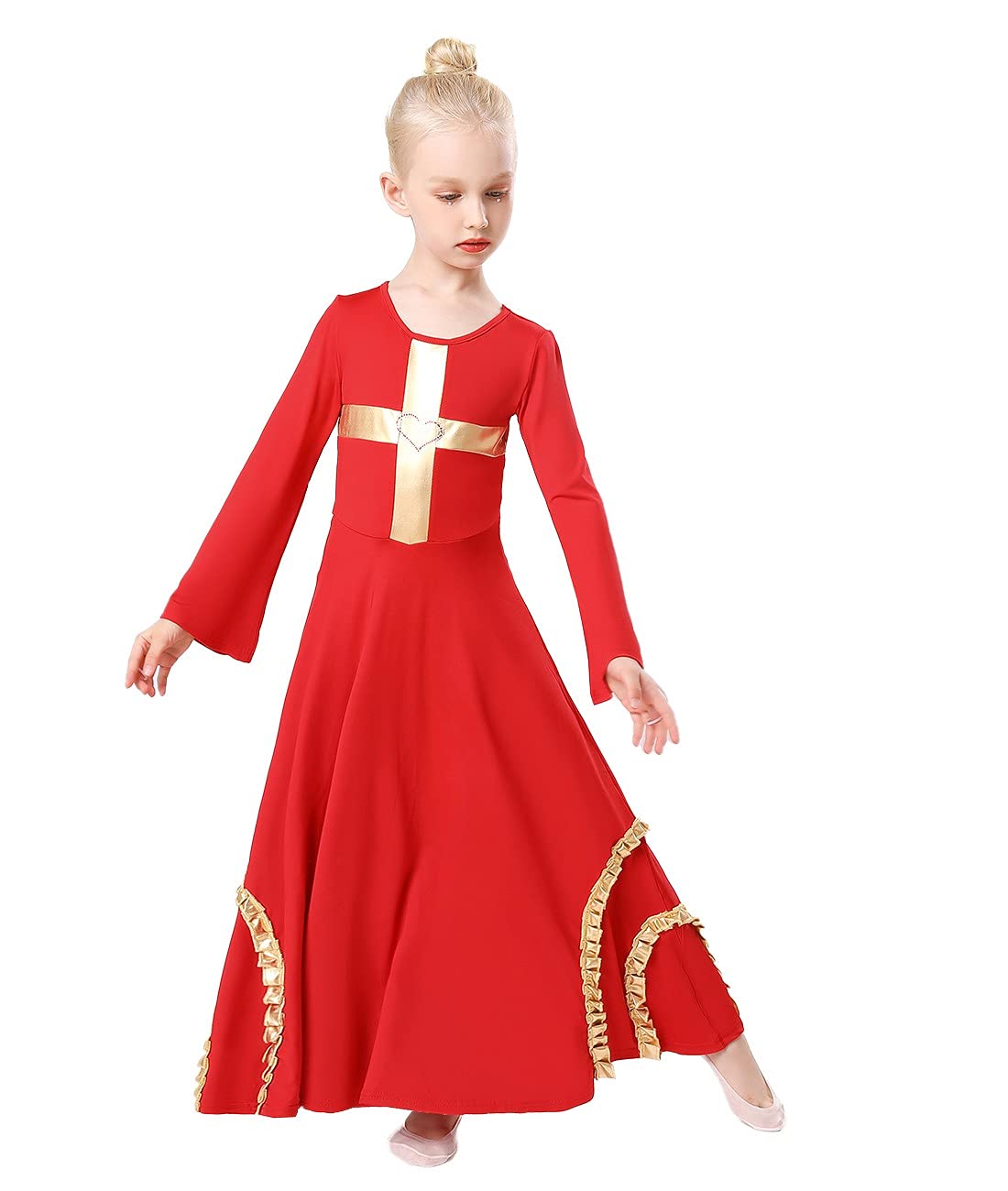 MYRISAM Girls Praise Cross Dance Robe Worship Dress - Bell Sleeve Metallic Ruffles Lyrical Liturgical Wide Swing Praisewear for Church Performances, Choir Concerts & Easter Celebrations