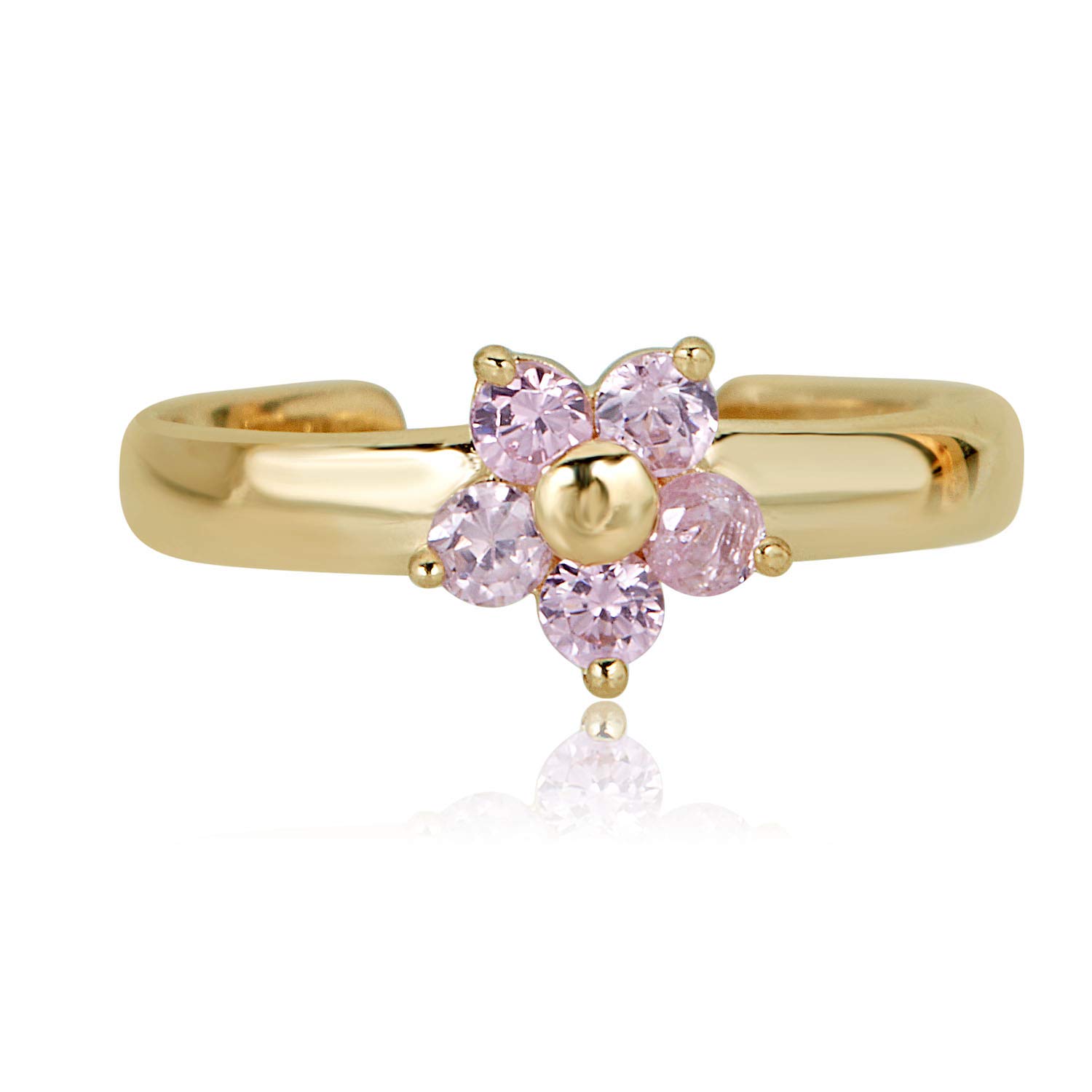 10K Yellow Gold Adjustable Flower Toe Ring with Pink CZ Simulated Diamond - Elegant Summer Sandal Jewelry for Beach Wedding & Pedicure Accessories