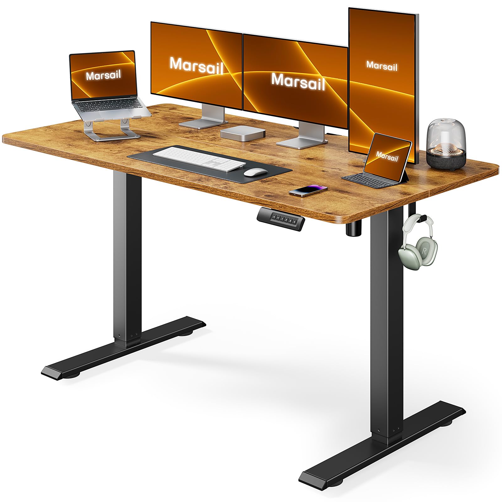 Marsail Electric Standing Desk 55x24 Inch - Adjustable Height Home Office Desk with Memory Preset & Headphone Hook - Rustic Computer Workstation for Standing & Sitting - Perfect for Remote Work, Gaming & Study