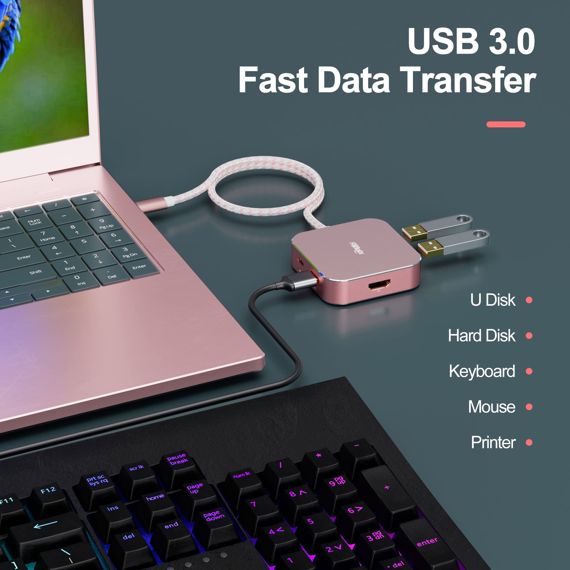 Fairikabe 5-in-1 USB C to HDMI Multiport Adapter with 4K HDMI, Power Delivery, 3 USB 3.0 Ports & 1.5FT Cable - Compatible with MacBook Air/Pro & USB-C DP Alt Mode Devices - Perfect for Home Office, Video Conferencing & Multi-Screen Setups