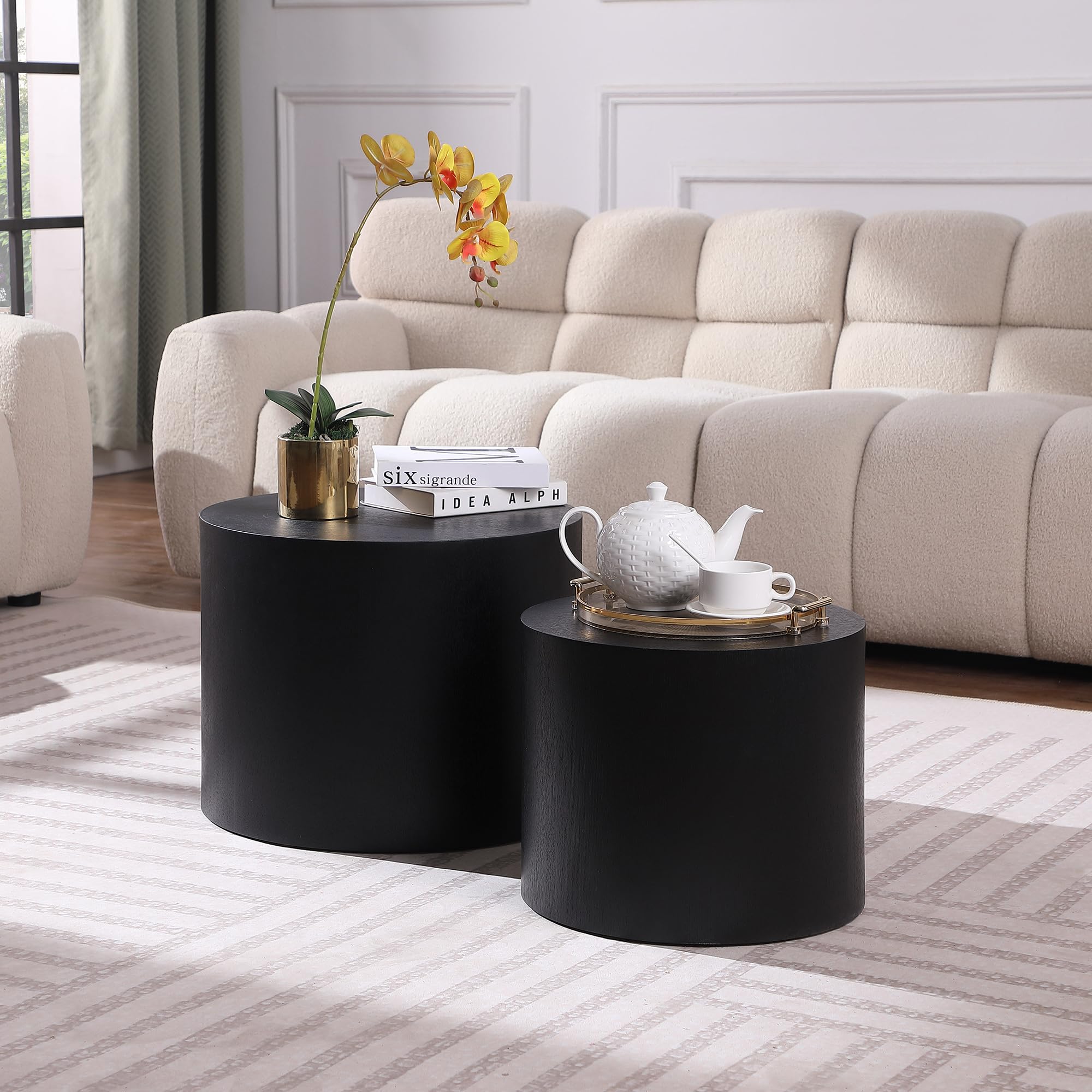 Modern Round Nesting Coffee Table Set of 2 - Black MDF Side Tables for Small Spaces, Living Room & Apartment | Space-Saving End Tables for Compact Homes & Cozy Living Areas