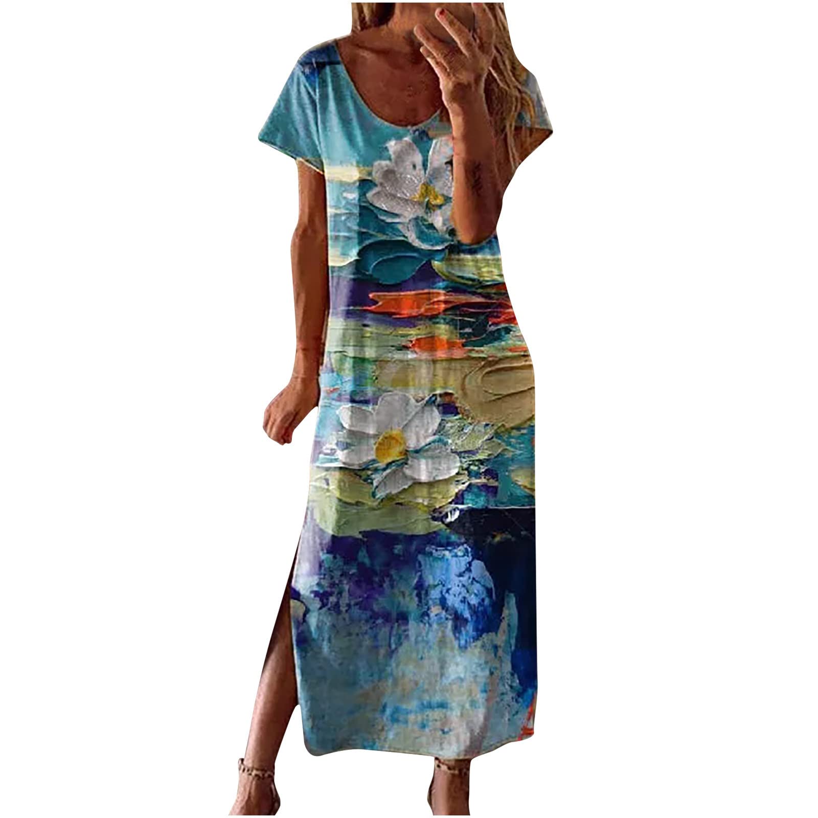 Bohemian Maxi Shift Dresses for Women - Short Sleeve Vintage Floral Tunic Dress, Casual Summer Loose Slit Dress | Perfect for Beach Vacations, Music Festivals & Boho Chic Outfits