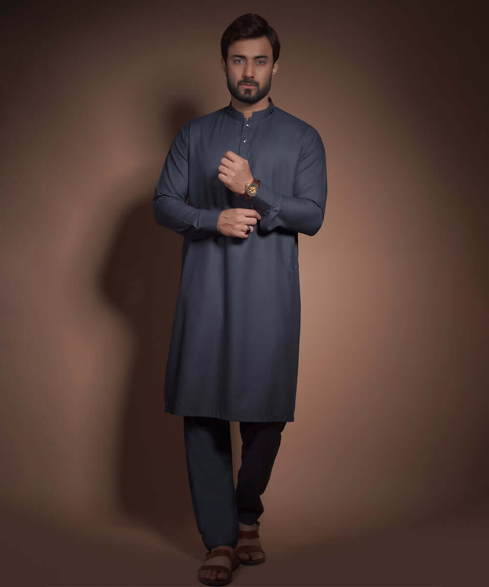 Premium Charcoal Grey & Blue Kurta for Men - Stylish Textured Cotton Kurta for Casual Wear, Festivals & Special Occasions