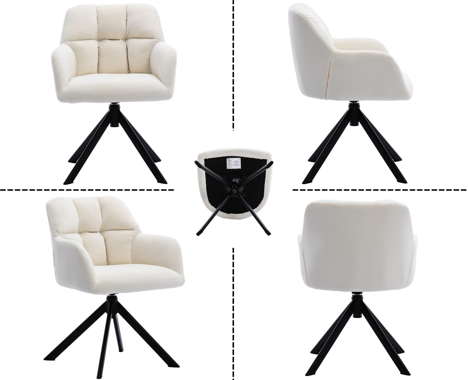 Velvet Swivel Accent Chair with Armrests - Mid Back Upholstered Desk Chair for Small Spaces, No Wheels - Perfect for Home Office, Bedroom, Living Room & Vanity Reading (White)
