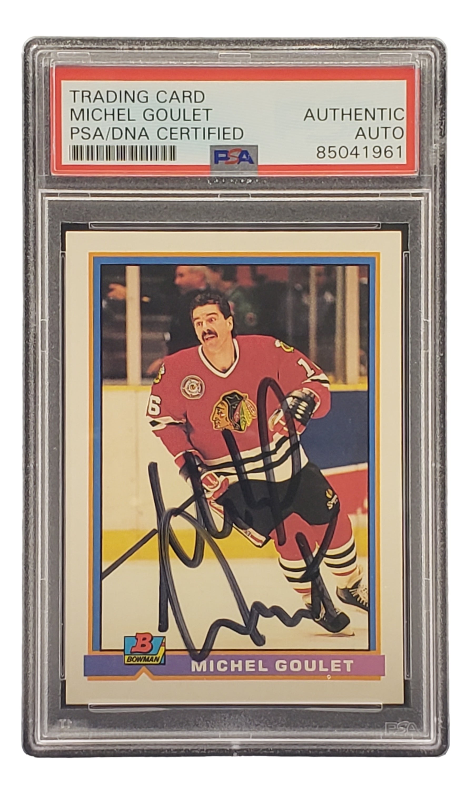 Michel Goulet Autographed 1991 Bowman #392 Chicago Blackhawks Hockey Card - PSA/DNA Certified - Rare Collectible for Sports Memorabilia Fans & NHL Card Collectors - Perfect for Display, Investment, or Gift