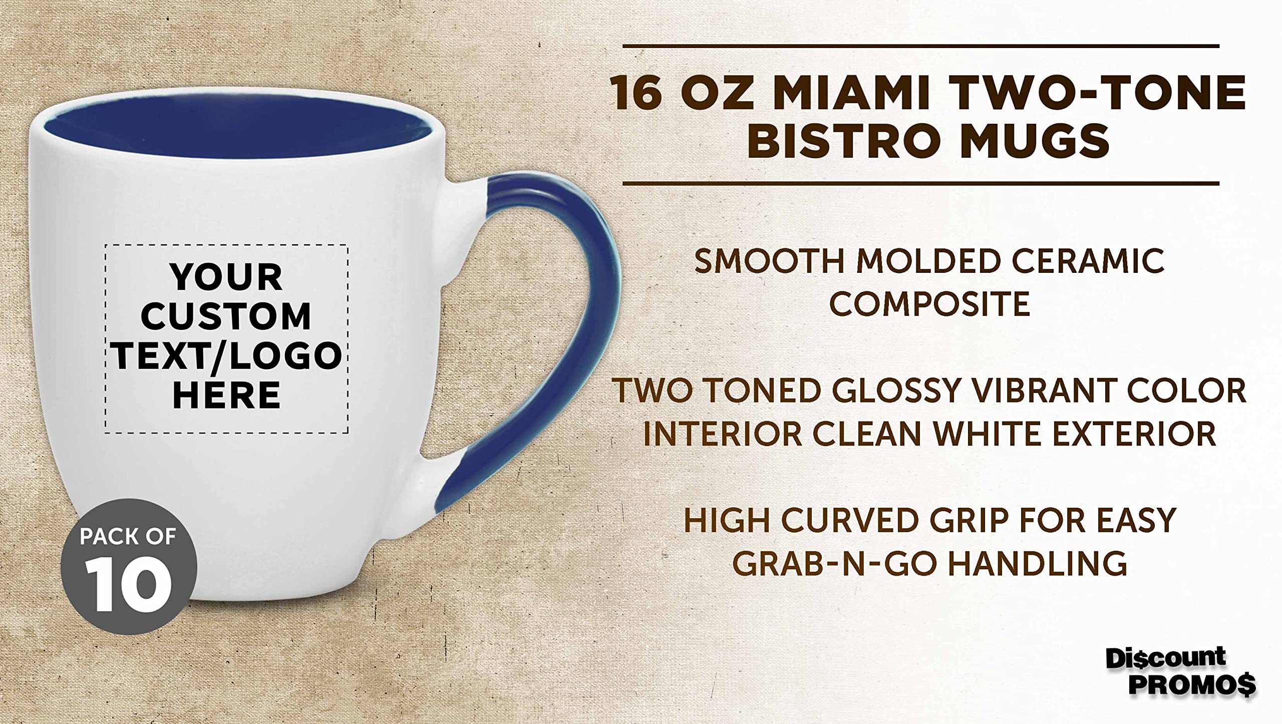Custom Bistro Style 16 oz Large Coffee Mugs - Set of 10 Bulk Pack for Coffee, Tea, Espresso & Hot Cocoa - Personalized Cobalt Blue Drinkware - Perfect for Restaurants, Cafes & Home Use