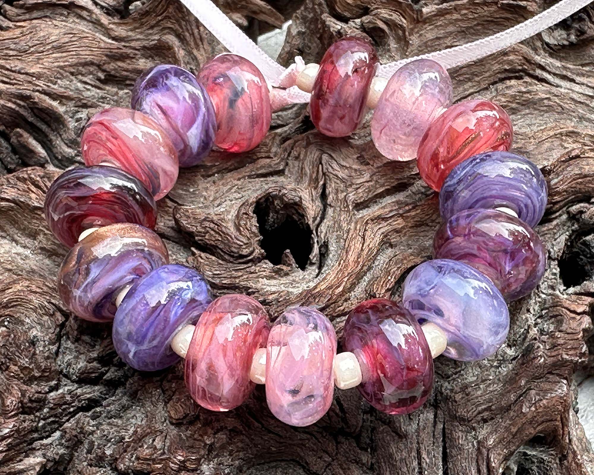 15-Piece Pink & Purple Swirl Lampwork Glass Beads Set for Jewelry Making - DIY Bracelet, Necklace, and Craft Projects (SRA Certified)