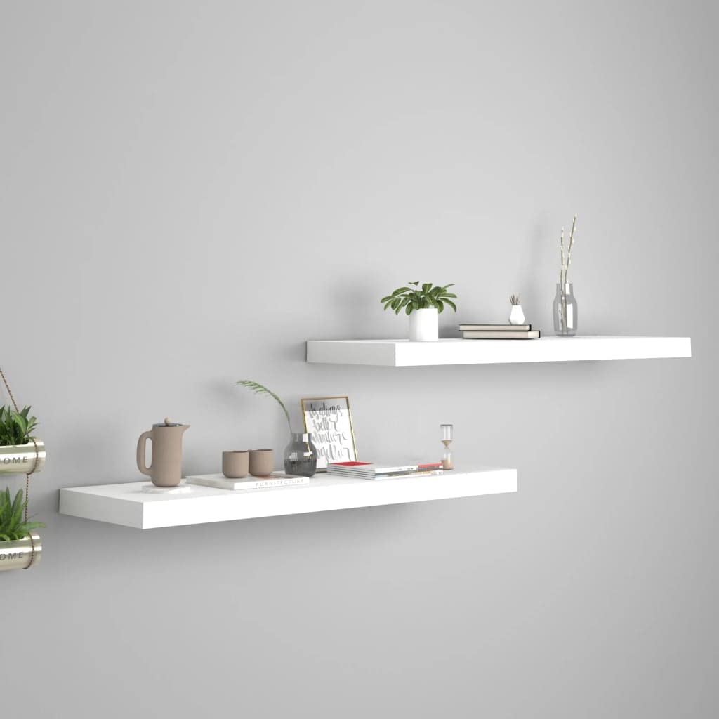 Modern Floating Wall Shelf Set of 2 - White MDF Ledge Shelves 31.5