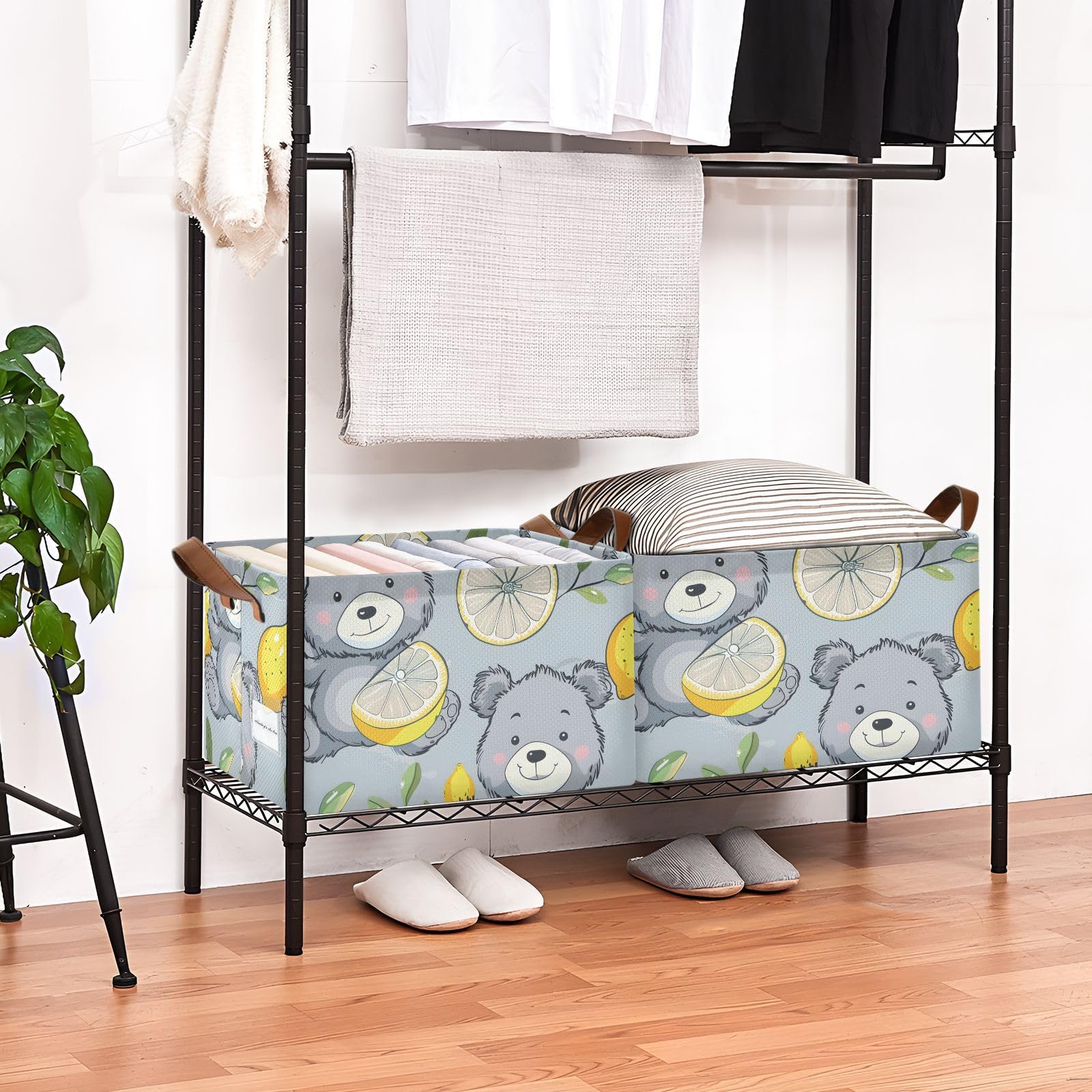 Cartoon Bear Lemon Grey Foldable Storage Baskets - 2 Pack Rectangular Fabric Storage Bins with Handles for Shelves, Closet & Home Organization | Perfect for Kids Room, Nursery & Living Room Decor