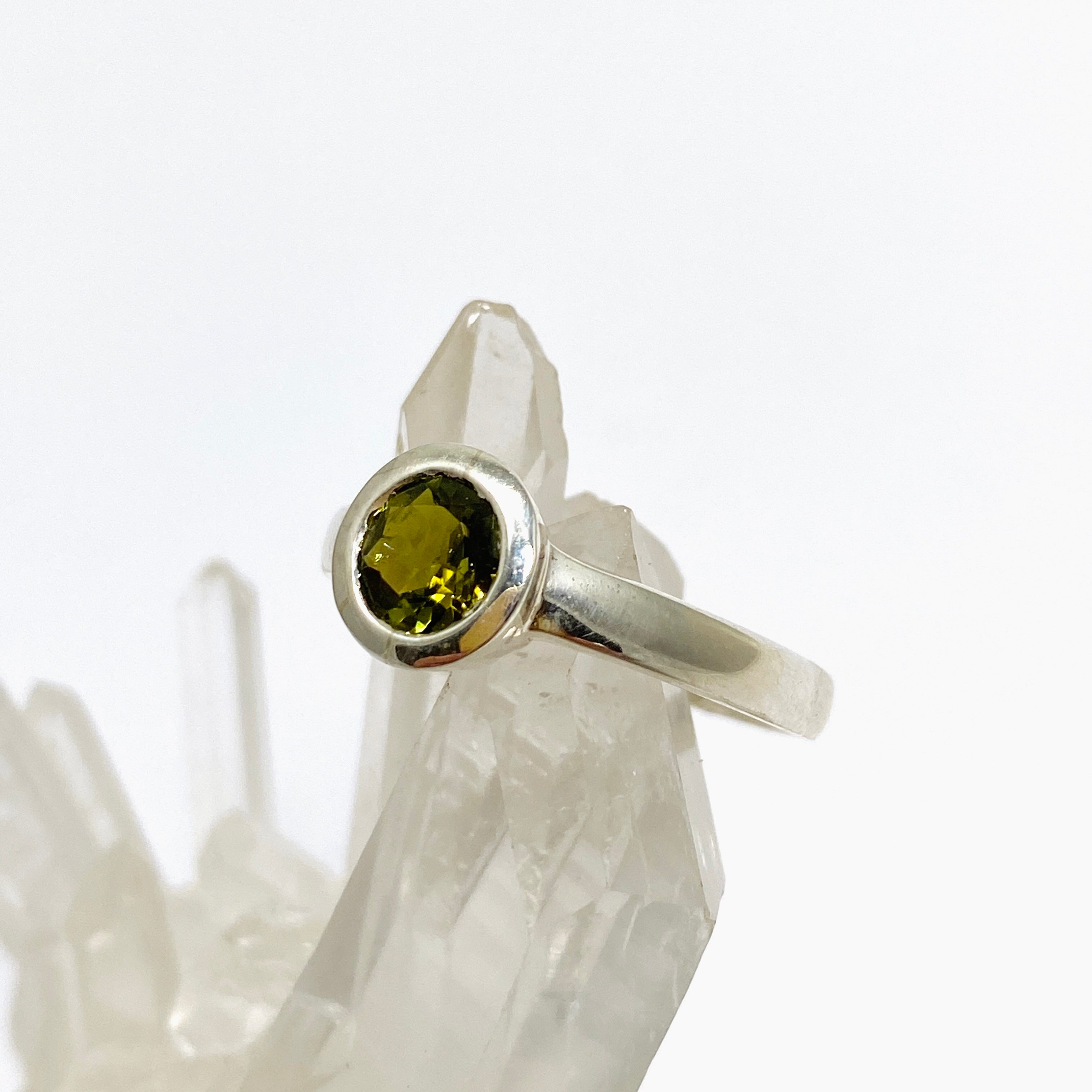 Green Tourmaline Round Faceted Ring Size 9 - Sterling Silver Gemstone Jewelry for Women - Perfect for Engagement, Wedding & Everyday Wear