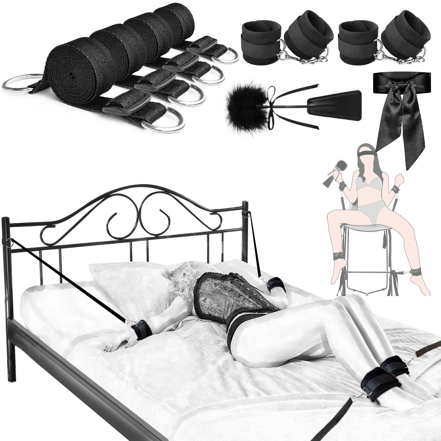 Premium BDSM Bondage Restraints Kit - 4 Adjustable Straps, Soft Cuffs & Blindfold for Couples - Enhance Intimacy & Spice Up Your Bedroom Play