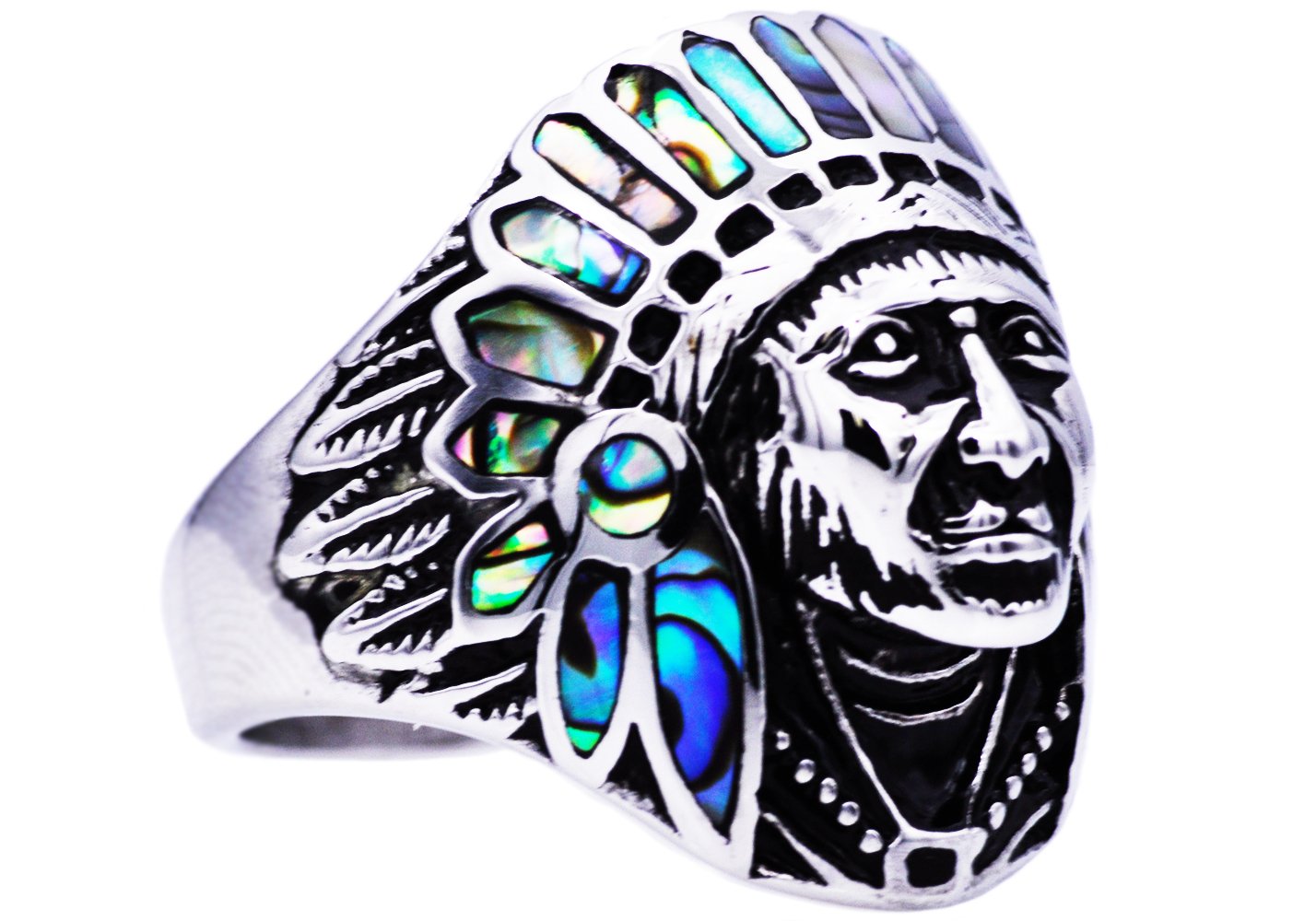 Men's Stainless Steel Blackjack Jewelry with Genuine Abalone Inlay - Native American Style Wedding Band Ring for Men - Perfect for Gifts, Anniversaries & Western Fashion Accessories