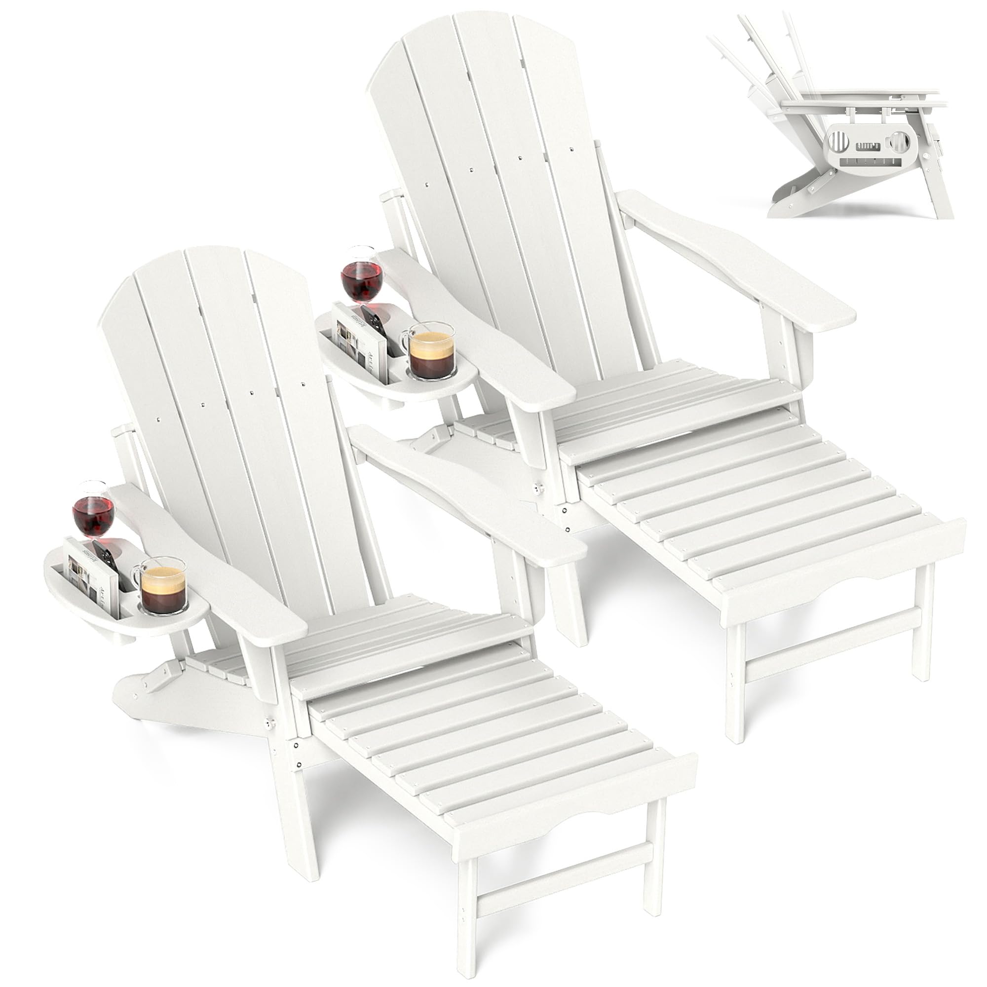 FOOWIN 2-Pack HDPE Folding Adirondack Chair with Retractable Ottoman & 4-in-1 Cup Holder - All-Weather Resistant Outdoor Patio Furniture for Backyard, Garden, Poolside & Camping Fire Pit Relaxation