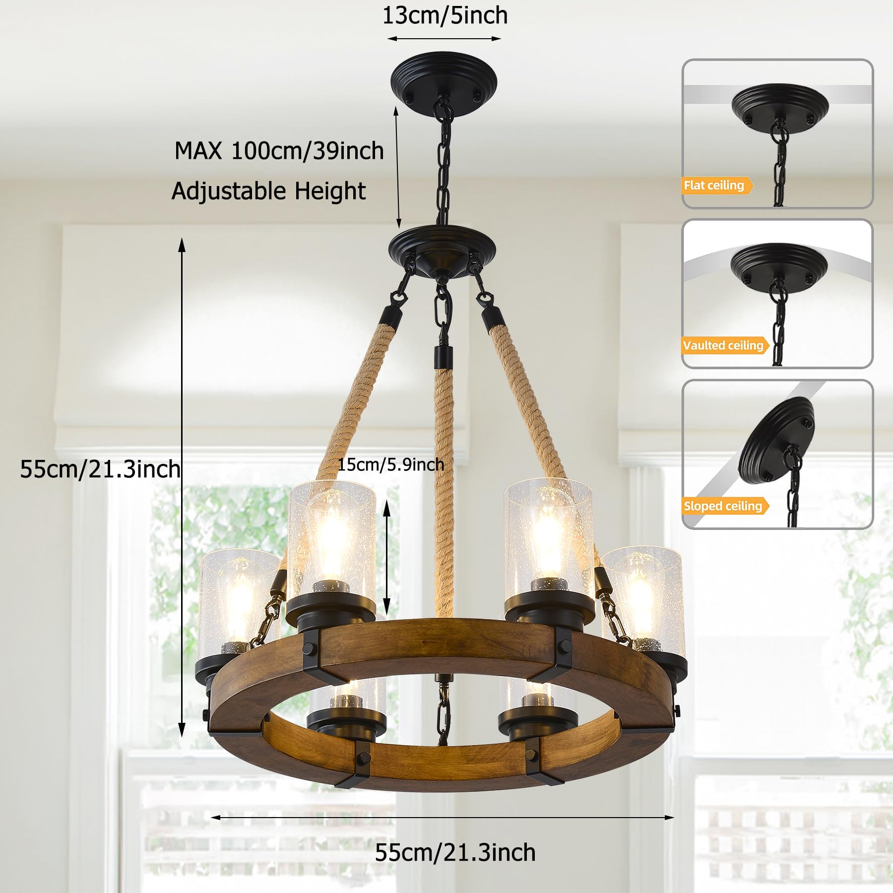 Farmhouse Wagon Wheel Chandelier - 6-Light Rustic Wood Ceiling Light with Seeded Glass Shades, Round Wooden Chandelier for Dining Room, Living Room, Kitchen & Foyer | Perfect for Country Homes, Cabin Decor & Western Style Interiors