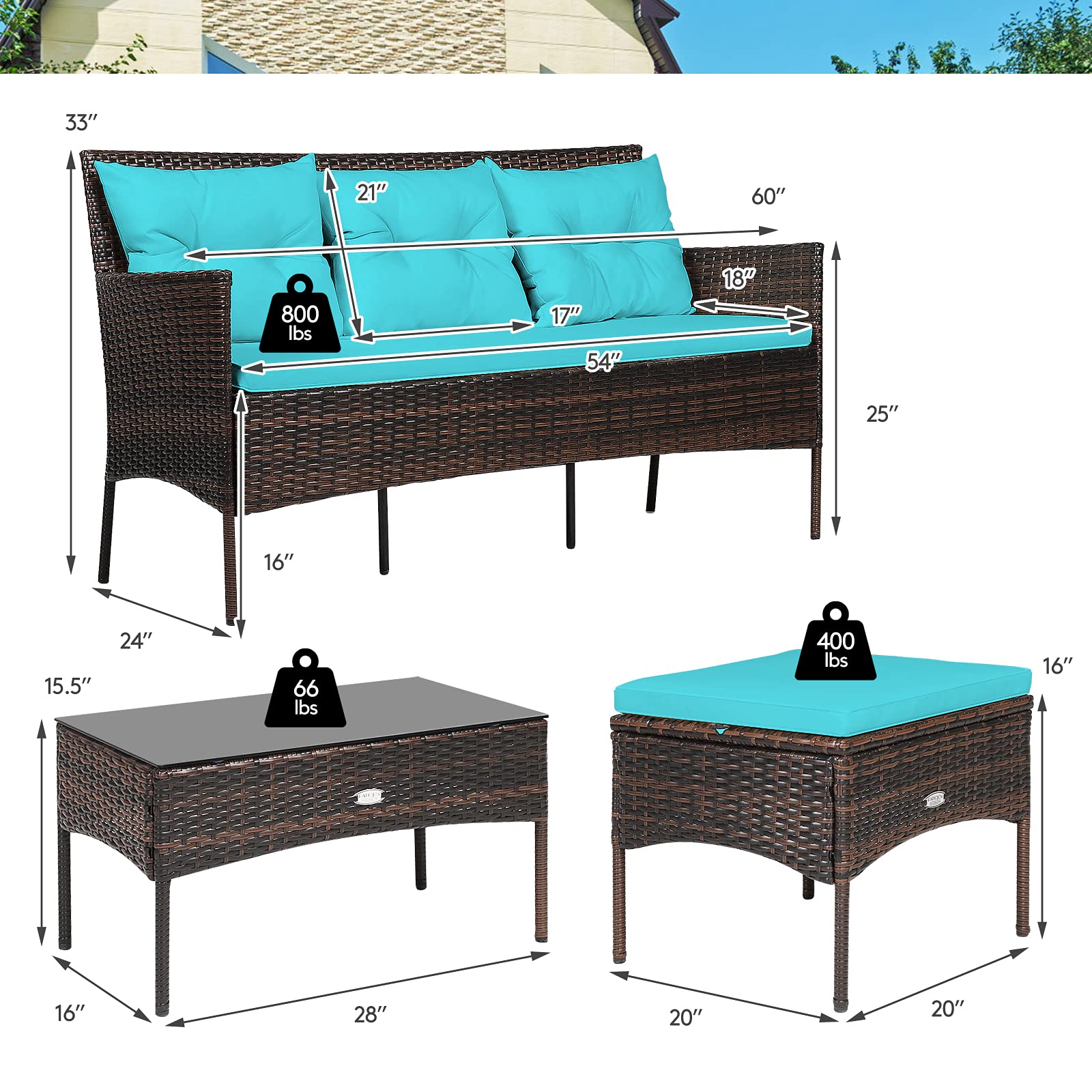 Outdoor Rattan Conversation Set - 3 Piece Patio Furniture with Tempered Glass Coffee Table, 5 Elastic Seat & Back Cushions, Sectional Sofa for Poolside, Balcony, Backyard | Perfect for Relaxing, Entertaining & Outdoor Gatherings