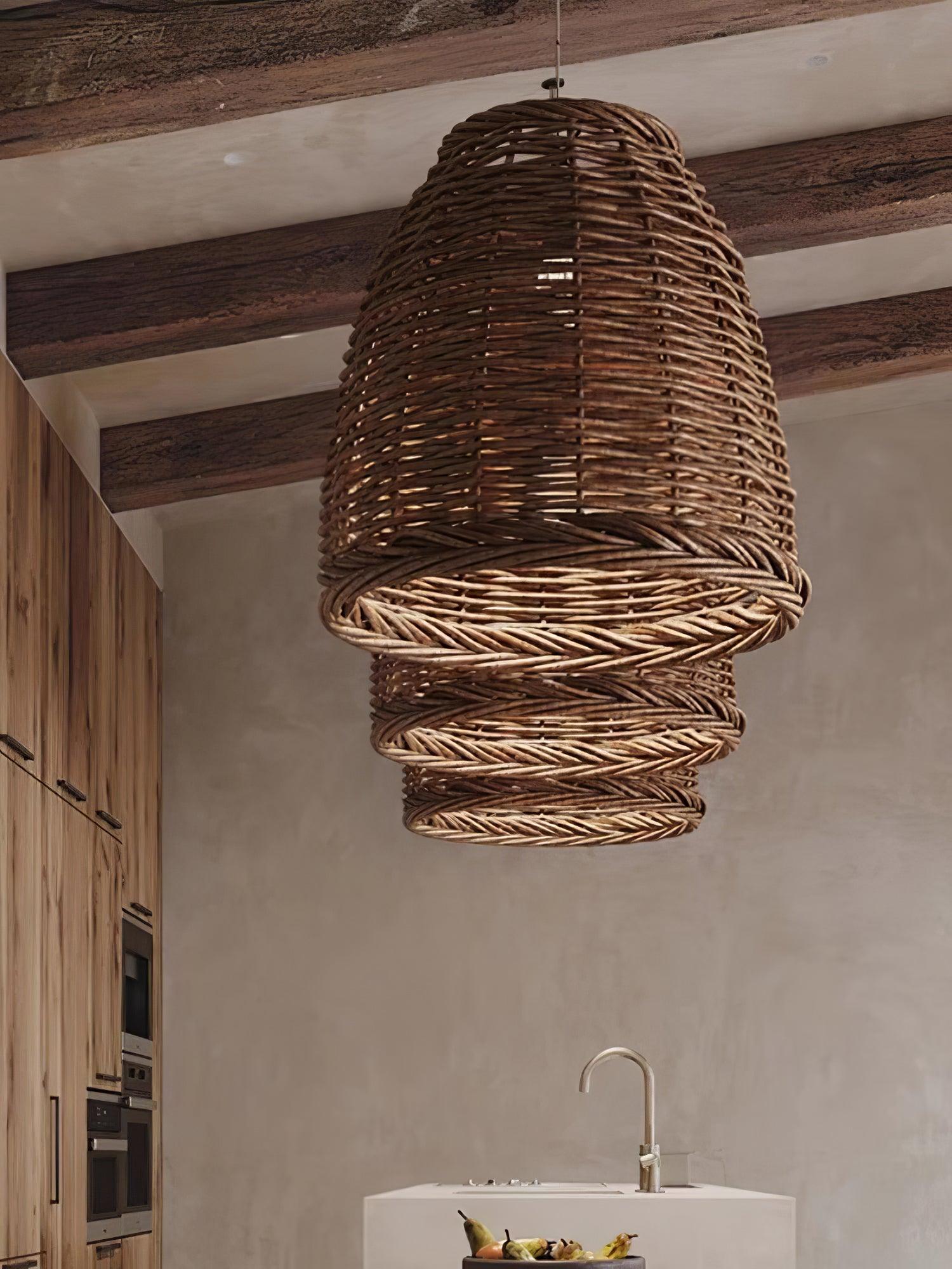 Modern Wicker Pendant Light - Natural Rattan Hanging Lamp for Kitchen Island, Dining Room & Bedroom - Boho Ceiling Lighting Fixture with Warm Ambience