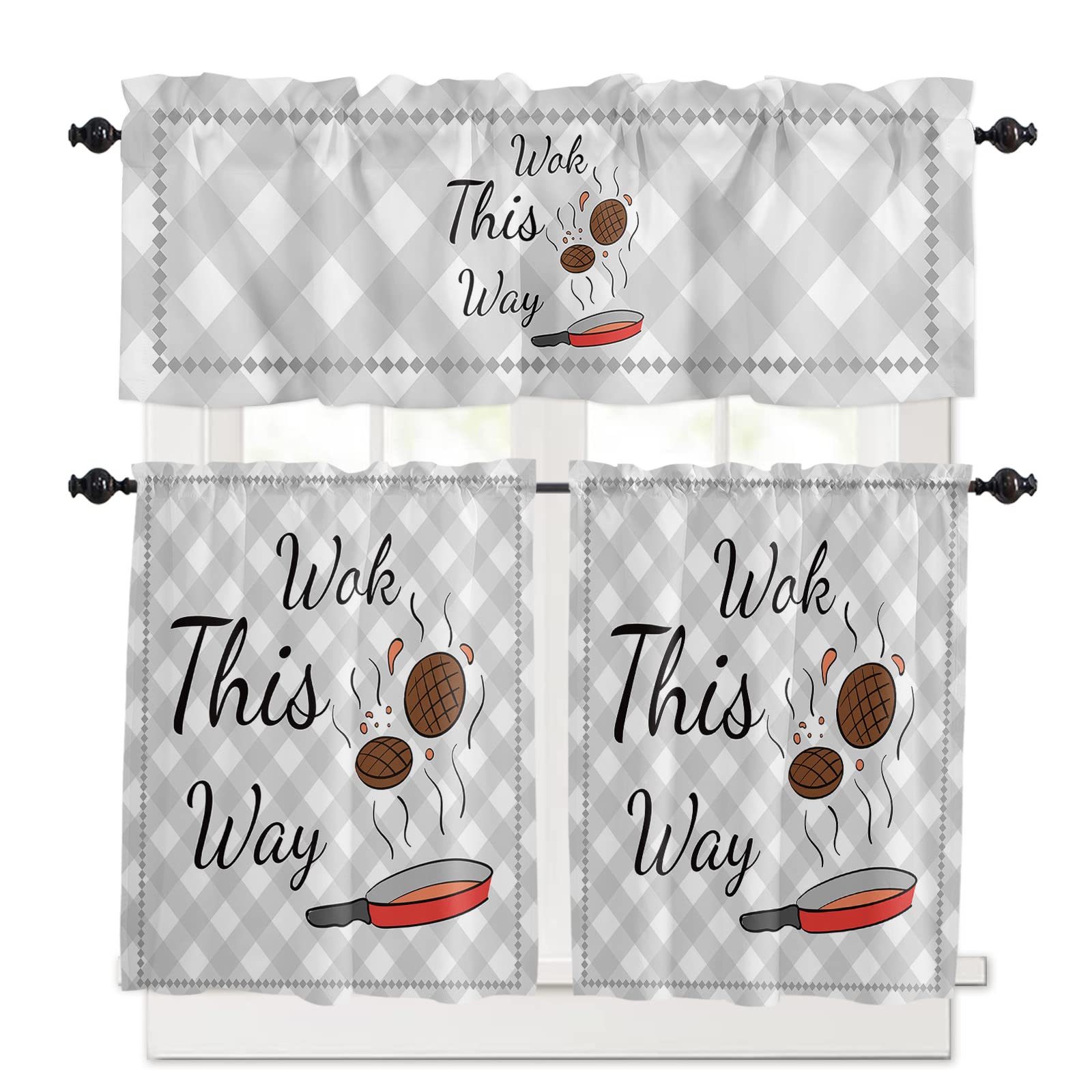 Kitchen Rules Window Curtain Set with Wok Design & Funny Quotes - 3 Piece Privacy Drapes with Rod Pocket for Bedroom, Living Room, Bathroom & Laundry Room - Perfect for Home Decor & Room Dividers