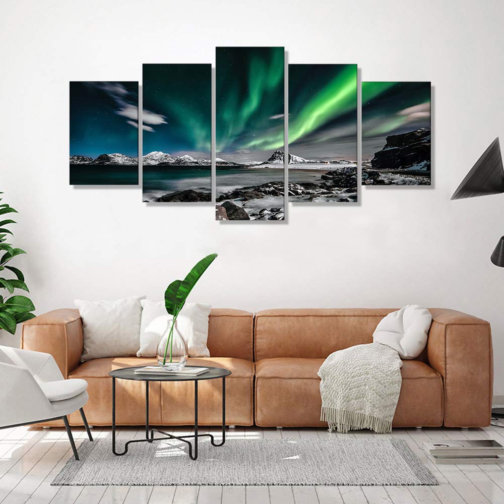 Aurora Borealis Canvas Wall Art - Northern Lights Landscape Painting for Living Room, Bedroom & Office Decor | Wooden Framed Prints Ready to Hang (5-Piece Set, 80x40 Inches) | Perfect for Home, Office & Gift Giving