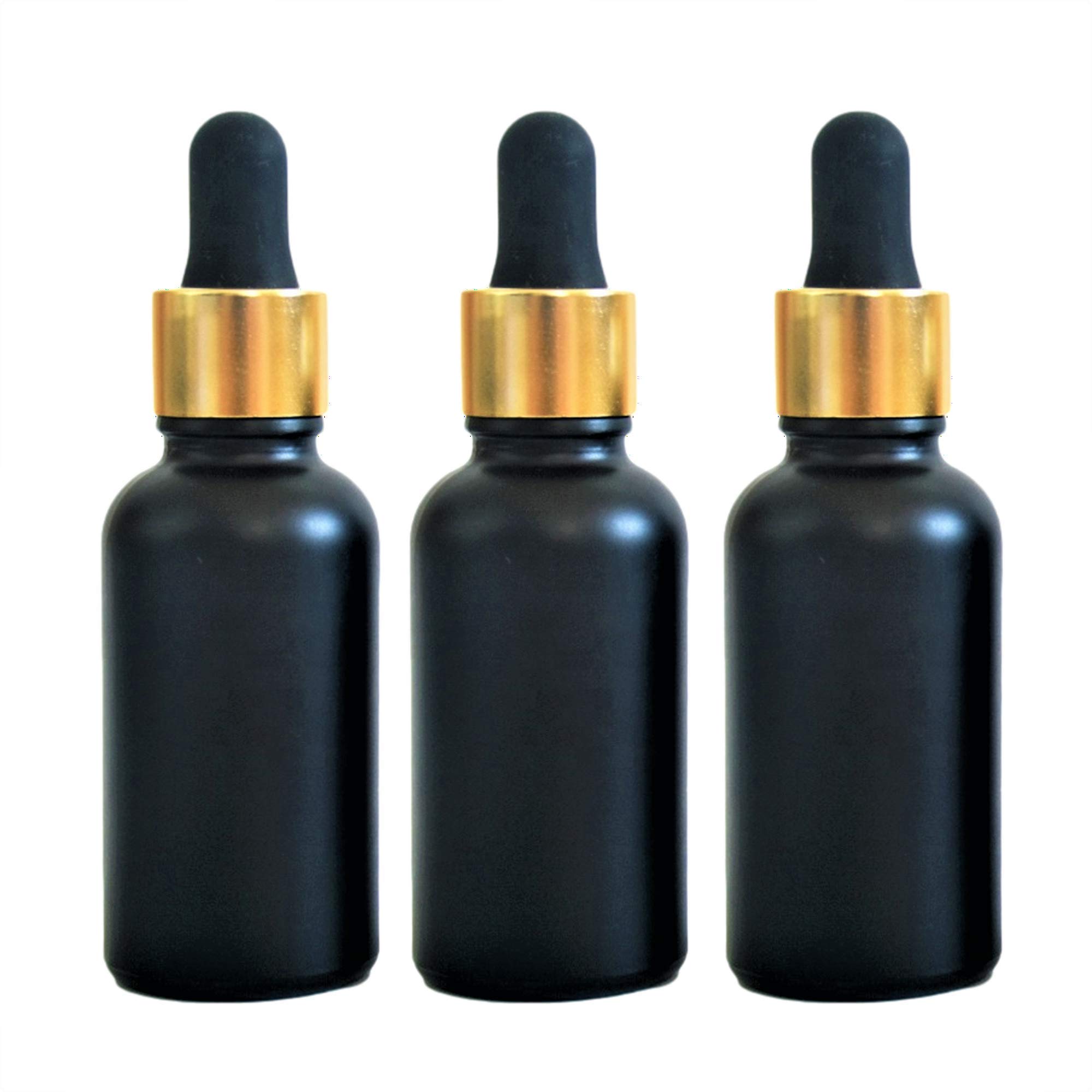 EARTH BERRY 30ml/g Black Glass Dropper Bottles with Gold Plated Finish & Black Silicone Cap - 3 Pack | Empty Essential Oil Bottles | Perfume Containers | DIY Cosmetic Storage | Perfect for Aromatherapy, Travel & Gift Packaging