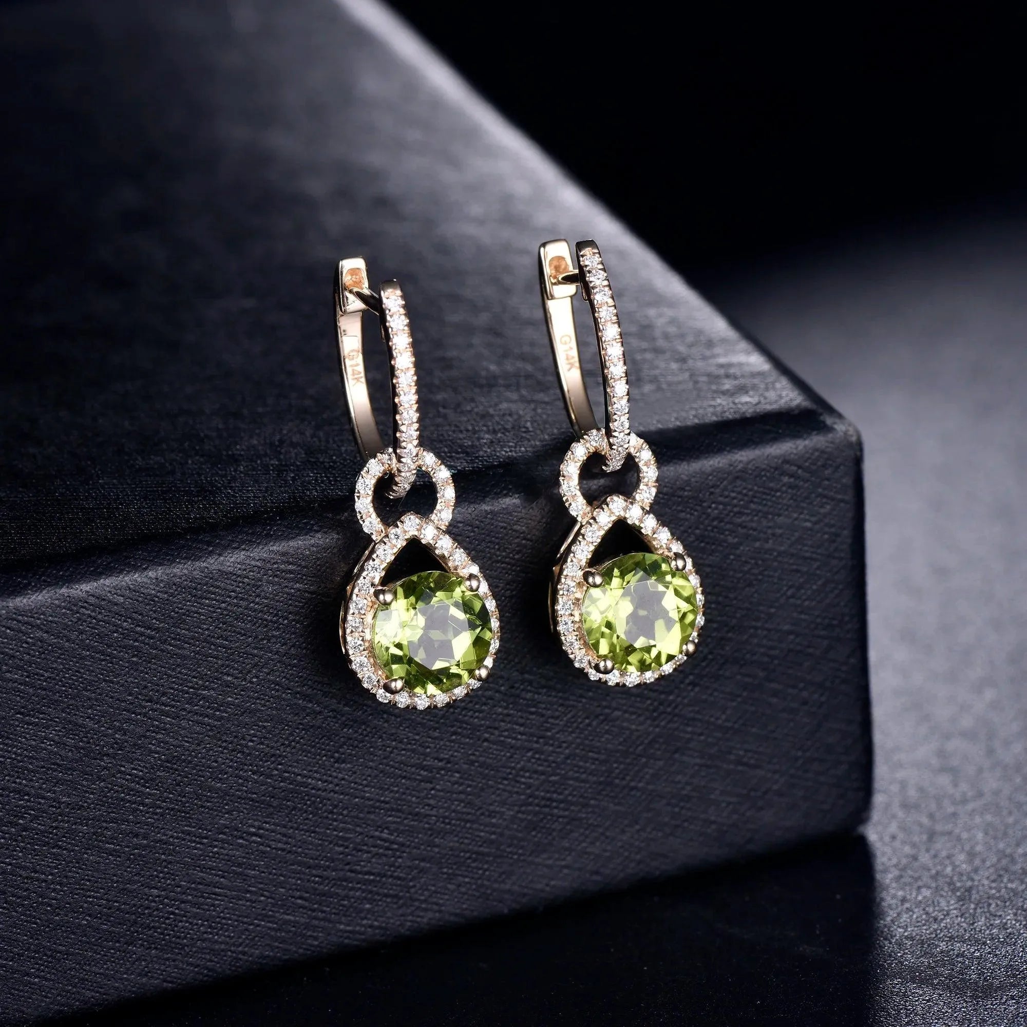 14K Yellow Gold Peridot Drop Earrings with Genuine Diamonds - Elegant Women's Jewelry for Weddings, Parties & Special Occasions