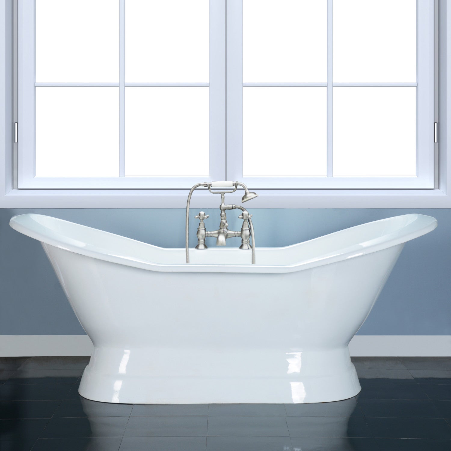 Aqua Eden 72 Inch White Cast Iron Oval Double Slipper Pedestal Bathtub with 7 Inch Faucet Drillings - Luxury Freestanding Soaking Tub for Spa Bathroom & Master Suite Relaxation