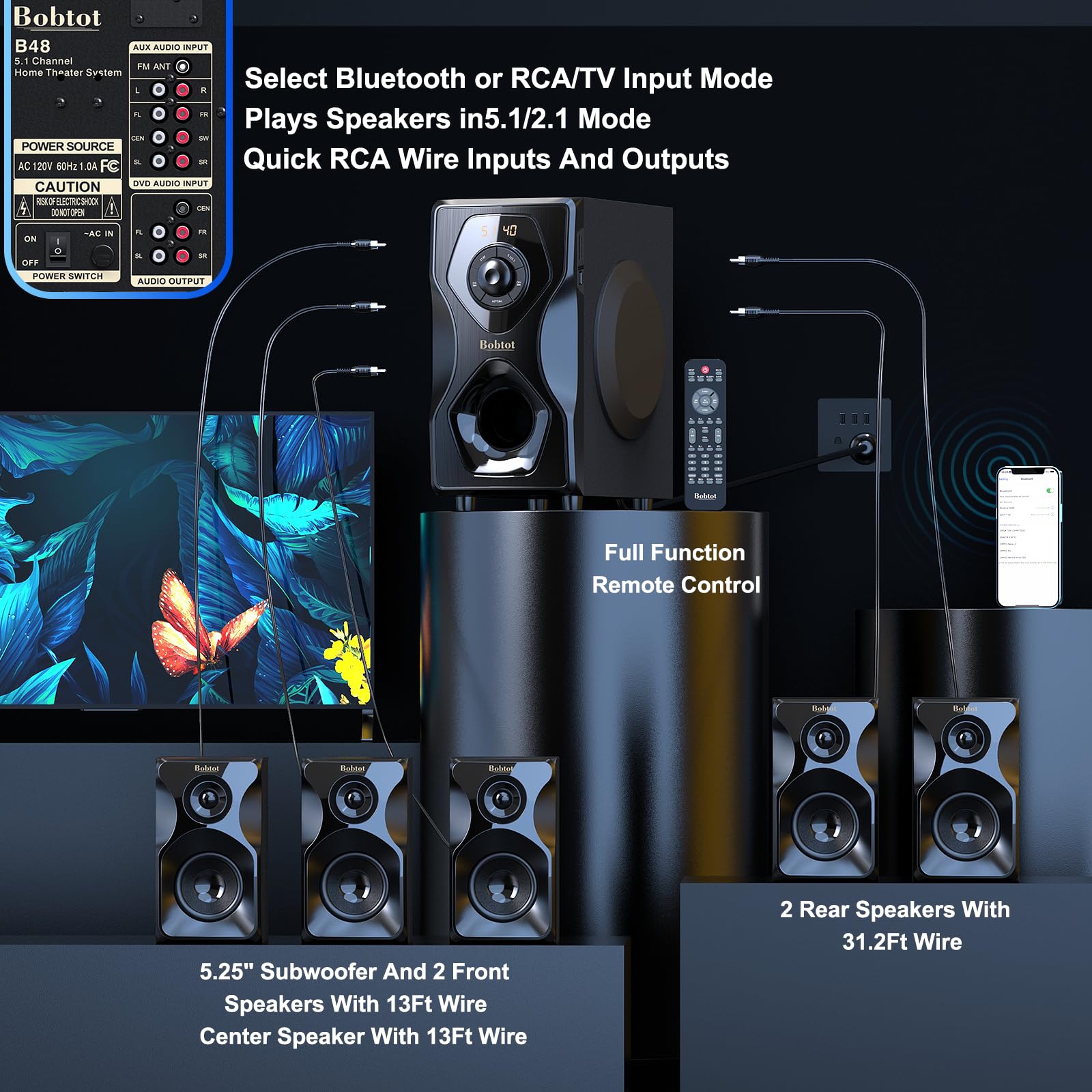 Bobtot 700W 5.1/2.1 Channel Home Theater Speaker System with Bluetooth, HDMI ARC & Optical Input - Powerful 5.25