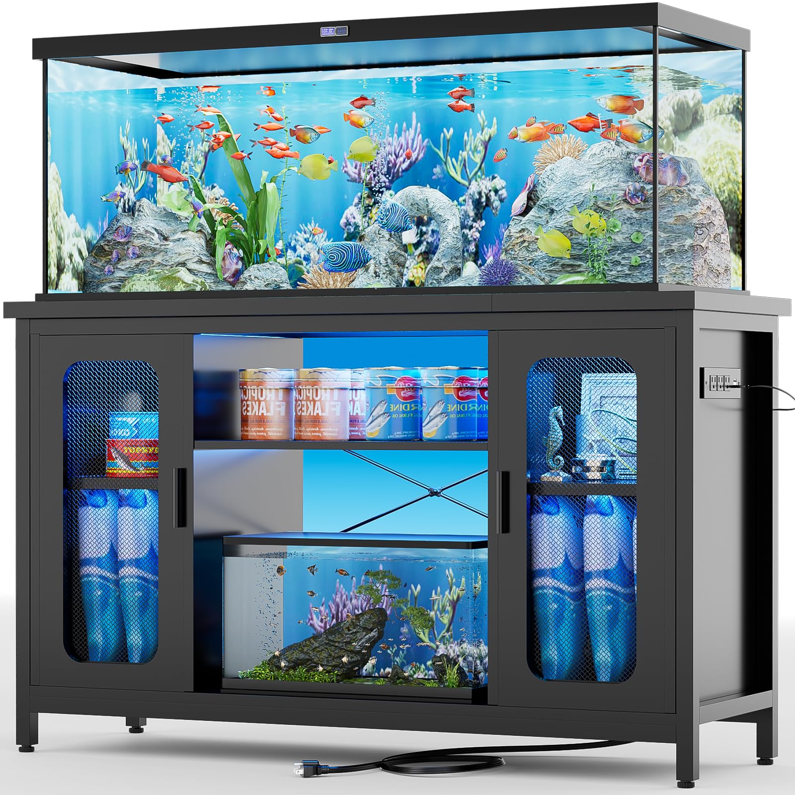 Unikito 55-75 Gallon Reptile Tank Stand with Power Outlets & LED Light - Metal Aquarium Stand for Terrariums, Fish Tanks, Turtle Habitats - Reversible Cabinet Design in Black | Perfect for Reptile Enclosures, Home Decor & Pet Habitat Setup