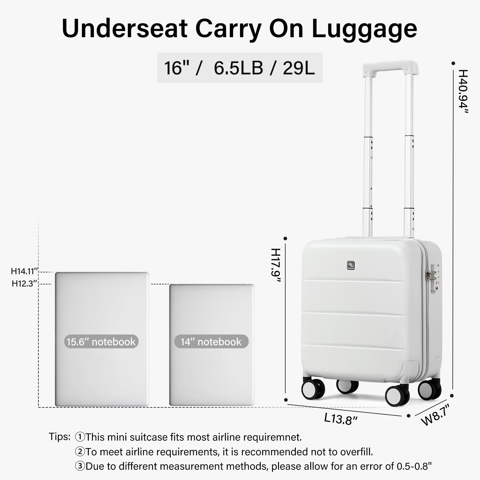 **Hanke 16 Inch Underseat Carry On Luggage - Lightweight Hard Shell Spinner Suitcase, TSA Approved Airline Travel Bag for Women & Men (Smoke White) - Perfect for Business Trips & Weekend Getaways**