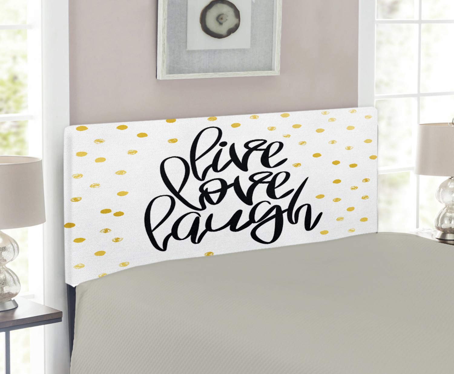 Ambesonne Upholstered Metal Headboard with Memory Foam - Twin Size Black White Yellow - Inspirational 'Live Laugh Love' Hand Lettering on Dotted Backdrop - Perfect for Bedroom Decor & Guest Room Setup