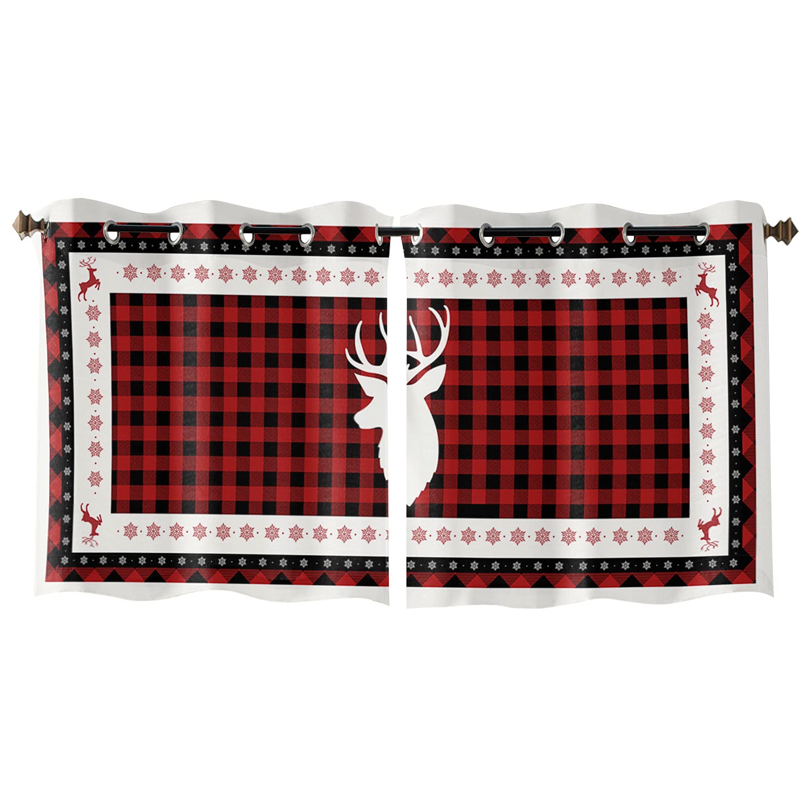 Christmas White Deer Black Red Grid Curtains - Snowflake Pattern for Living Room, Bedroom Decor