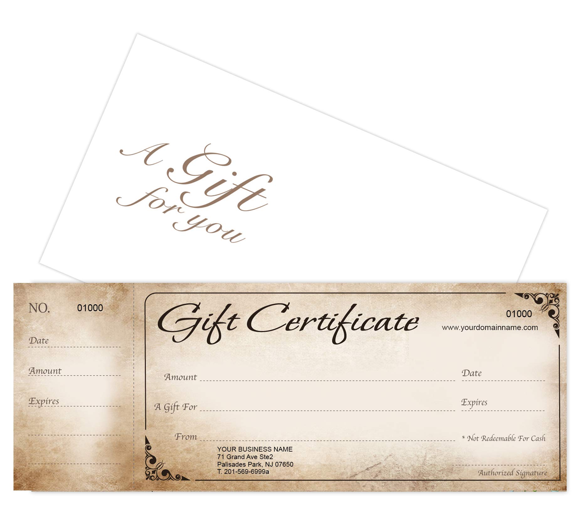 Custom Gift Certificate Cards with Envelopes - 100 Pack Rustic Design - Business Gift Vouchers for Restaurants, Spas & Retail Stores