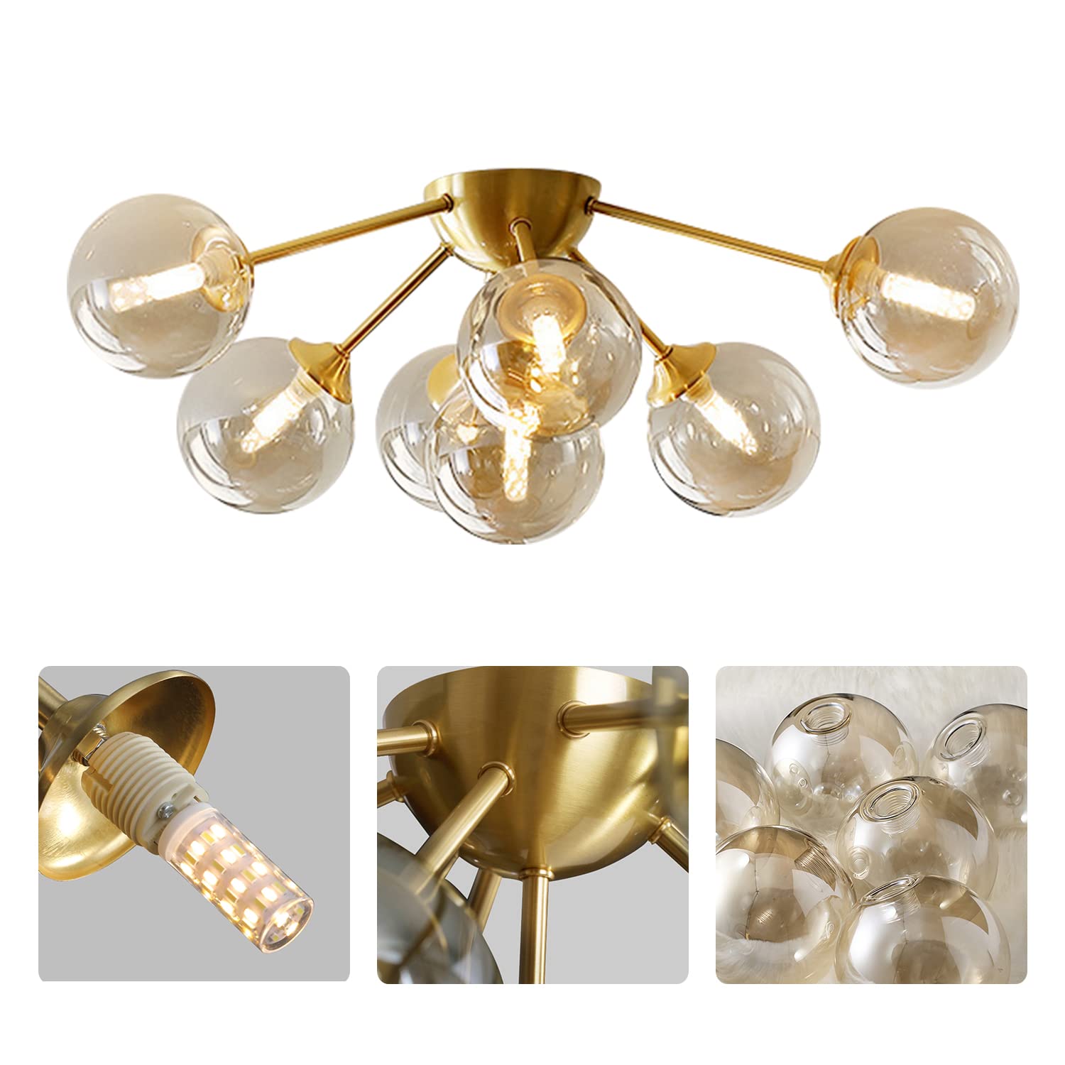 7-Lights Amber Glass Flush Mount Ceiling Light - Brushed Gold Globe Chandelier - Mid Century Modern Fixture for Living Room, Bedroom, Dining Room & Hallway - Warm Ambient Lighting for Home Decor