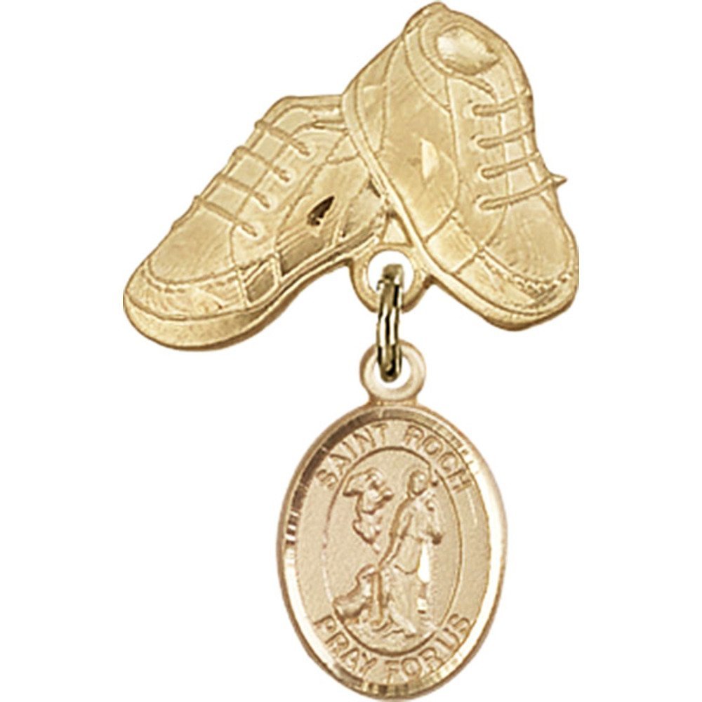 Gold Filled Baby Badge with St. Roch Charm & Baby Boots Pin - 1 X 5/8 Inch - Perfect for Christening Gifts, Baby Showers & Keepsake Jewelry