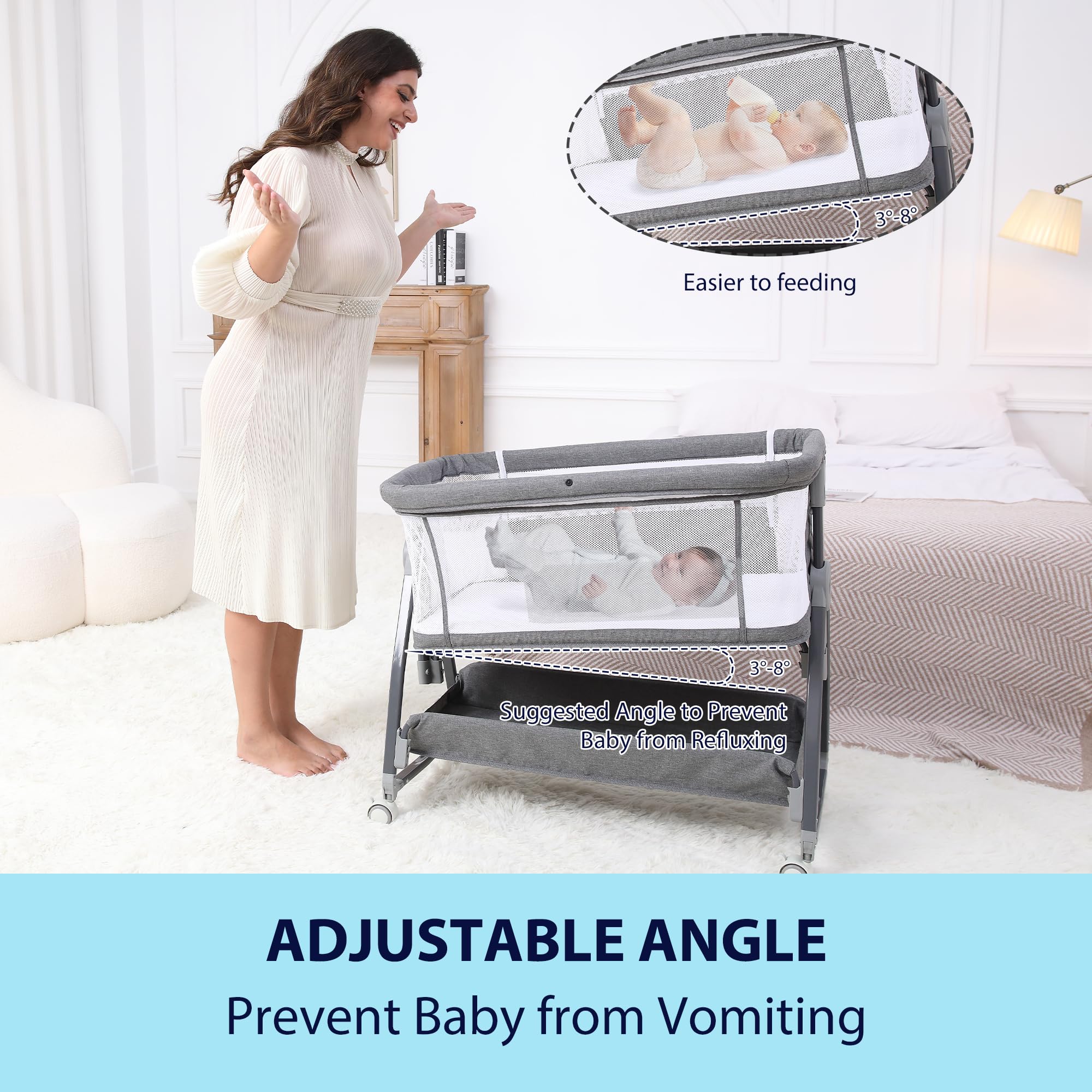 3-in-1 Adjustable Baby Bassinet Bedside Sleeper with Mattress & Wheels - 5 Height Settings, Gray Rocking Crib for Newborns - Perfect for Nursery, Bedroom & Travel Use