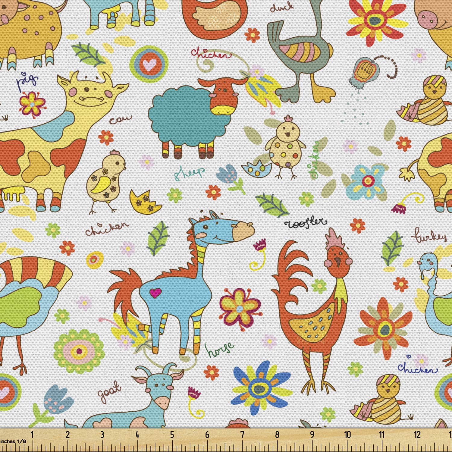 Ambesonne Farm Animals Fabric by The Yard - Cheerful Multicolor Animal Print with Spring Flowers & Hearts - Upholstery & Home Decor Fabric (2 Yards) for DIY Projects, Curtains, Pillows & Crafting