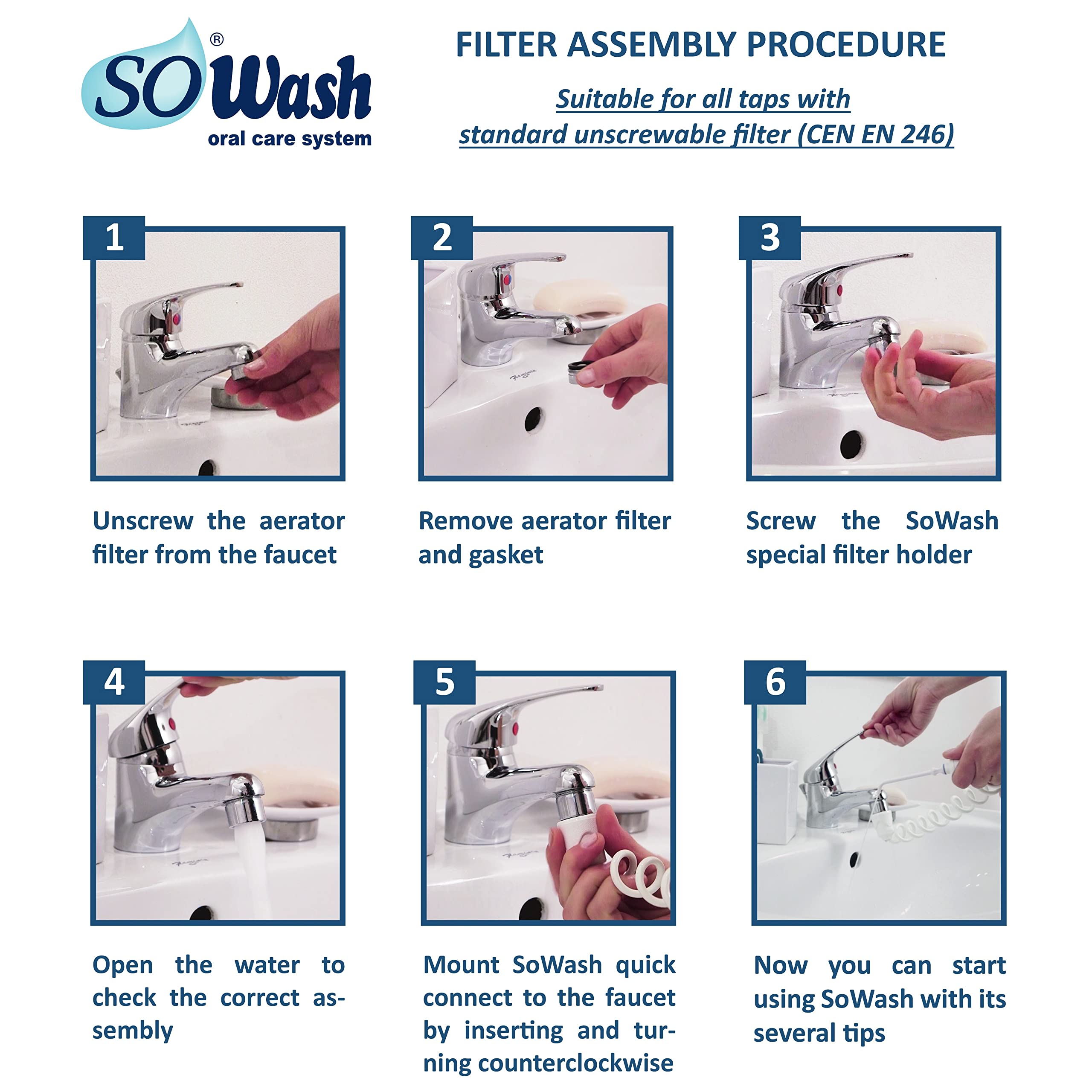 Jet Dentaire SOWASH TRIO - Hydropulseur Dentaire Sans Piles ni Électricité, Connexion Robinet, 3 Têtes (Vortice, Vortice Brush, Hydrojet) - Produit Italien pour une Hygiène Buccale Professionnelle à Domicile