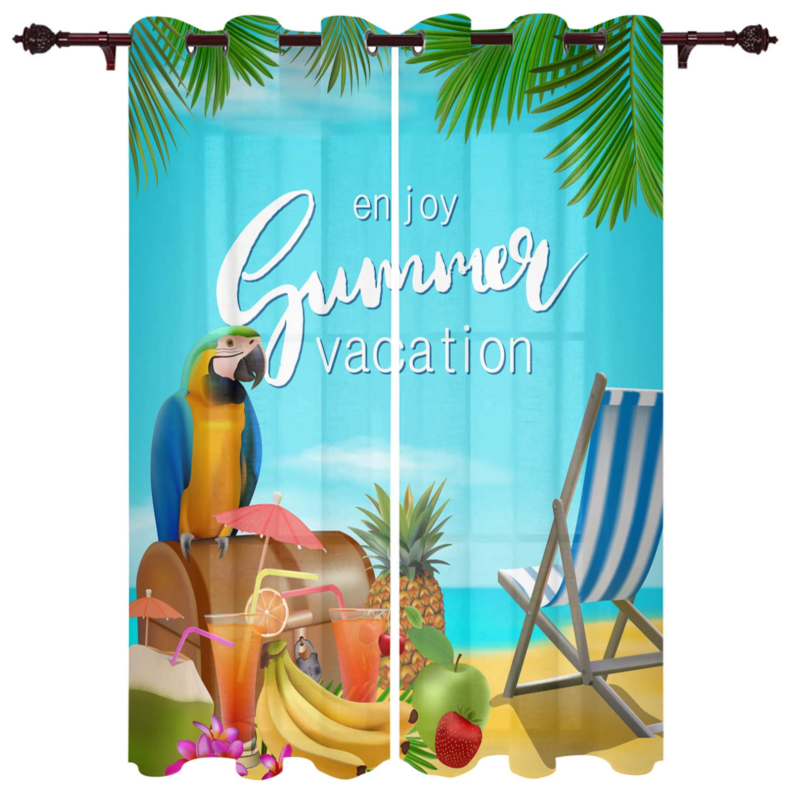 Tropical Fruit & Parrot Beach Blackout Curtains - Thermal Insulated Grommet Window Drapes for Bedroom & Living Room (40x84 Inches) | Hawaiian Flowers Design, Room Darkening for Better Sleep & Sun Protection