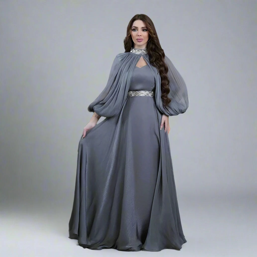 2 Pieces Hotfix Rhinestone Satin Abaya Dress with Inner Sleeveless Slip Dress - Elegant Muslim Women's Prayer Dress for Special Occasions & Evening Events