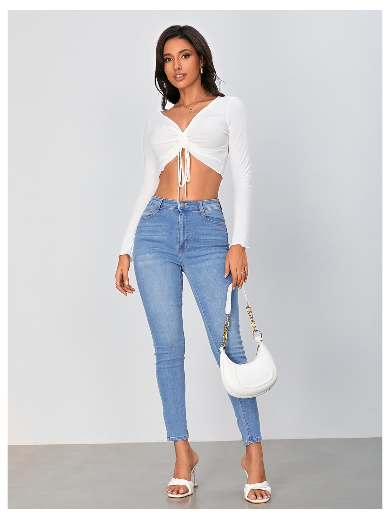 Floerns Women's Lettuce Trim Long Sleeve Ruched Crop Top - Drawstring Detail T-Shirt for Casual Wear, Layering & Date Night Outfits